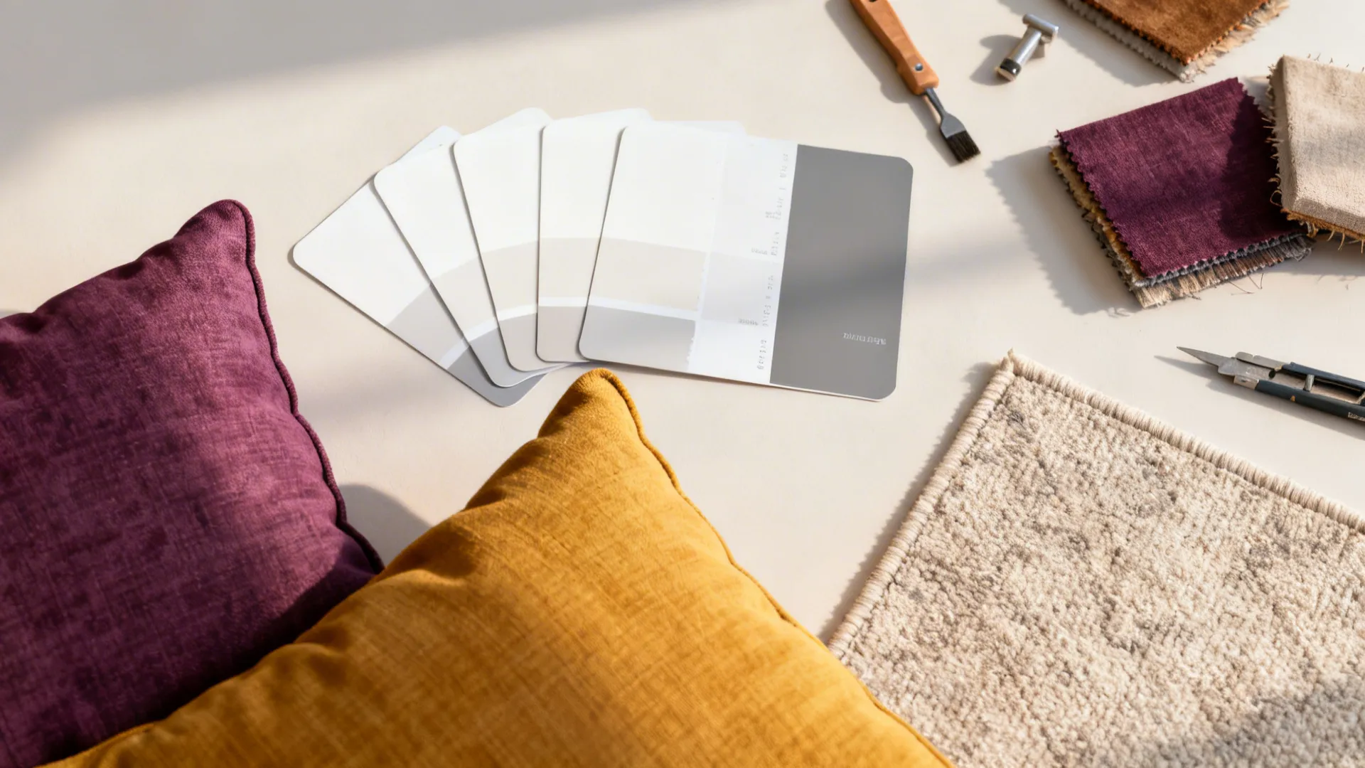 Flatlay of paint swatches, fabric samples and tools for budget furniture updates.