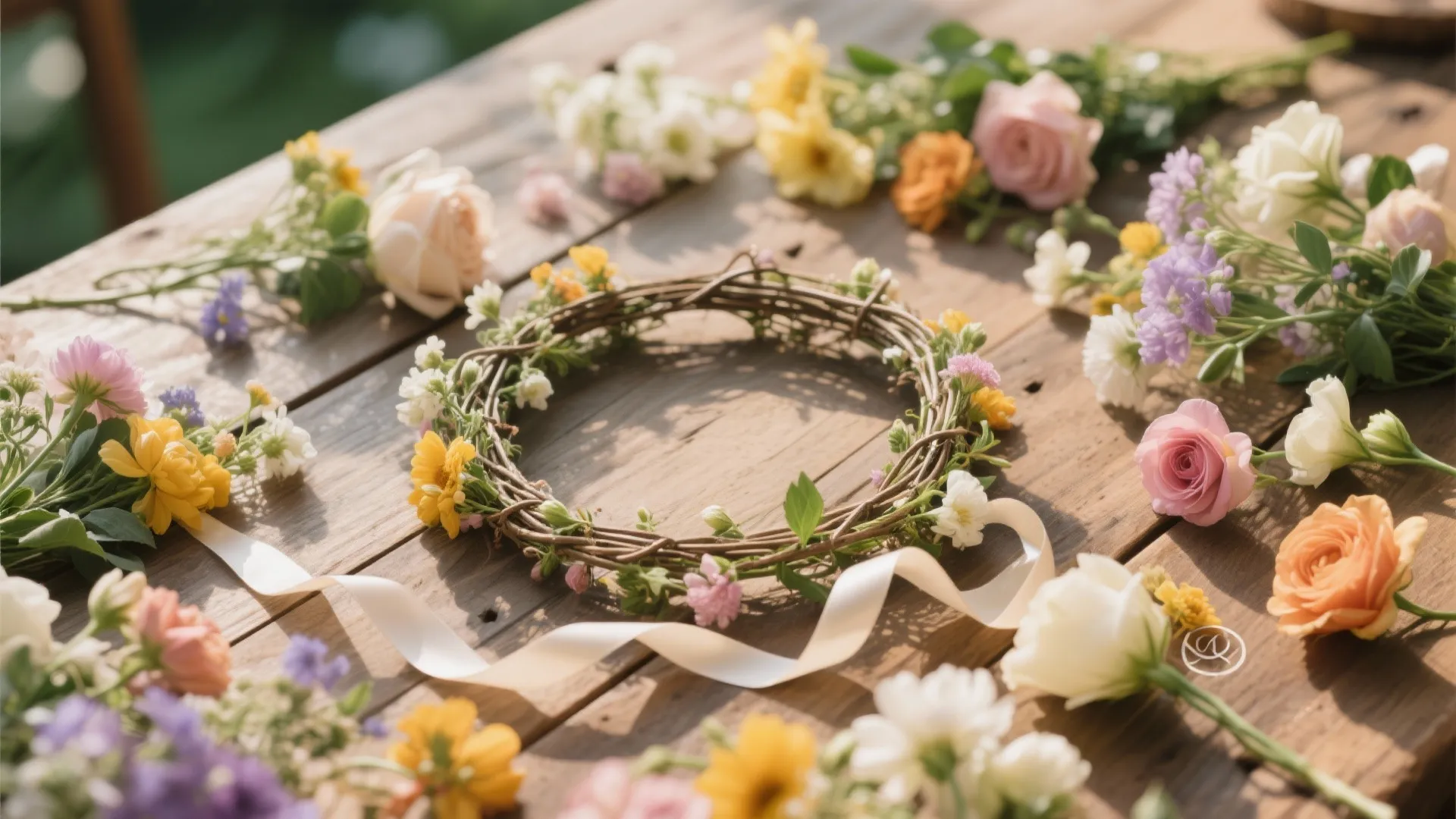 Handmade flower crown on a wooden table surrounded by colorful roses and white silk ribbon