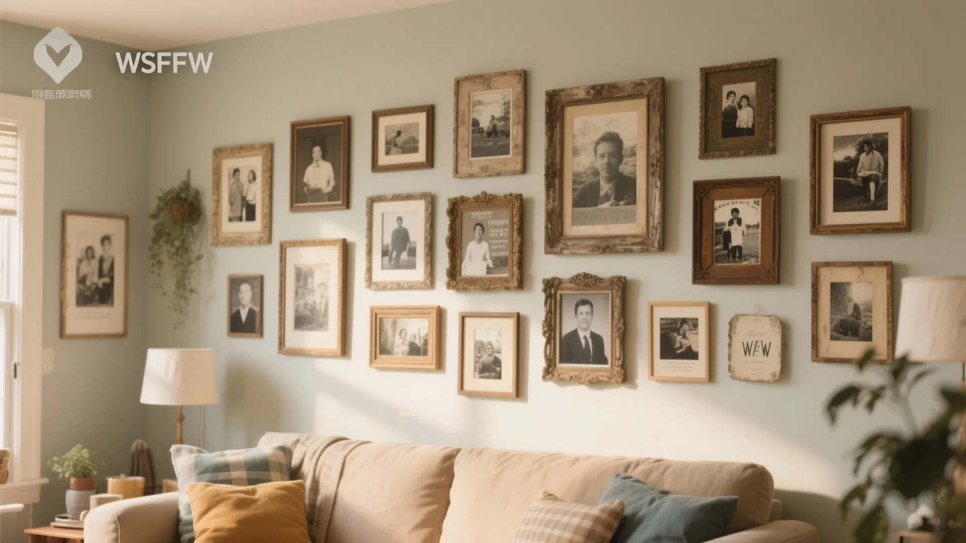 Wall with assorted frames and photos arranged artistically