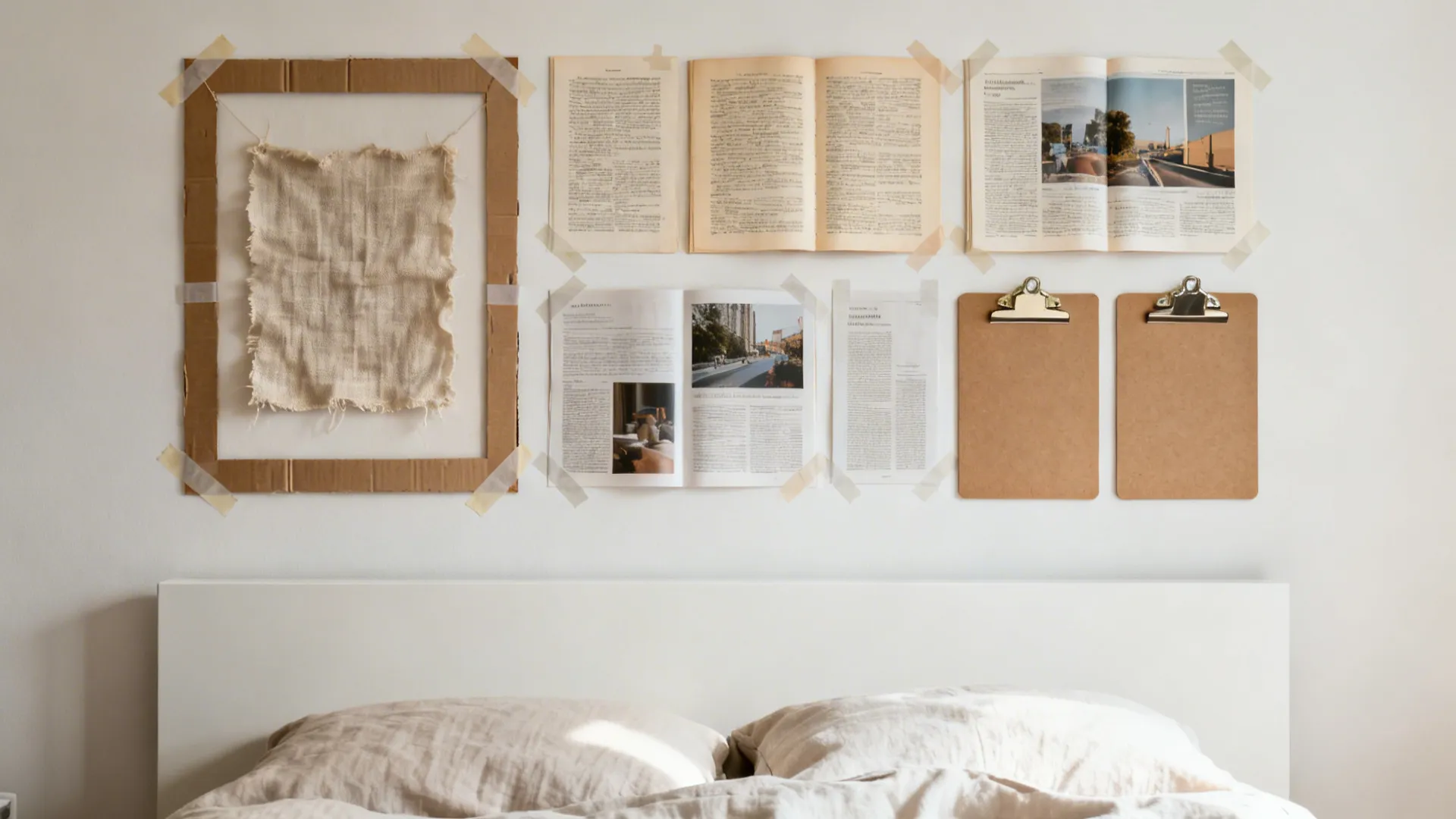 DIY wall art display with books magazine pages and clipboards above a white bed headboard
