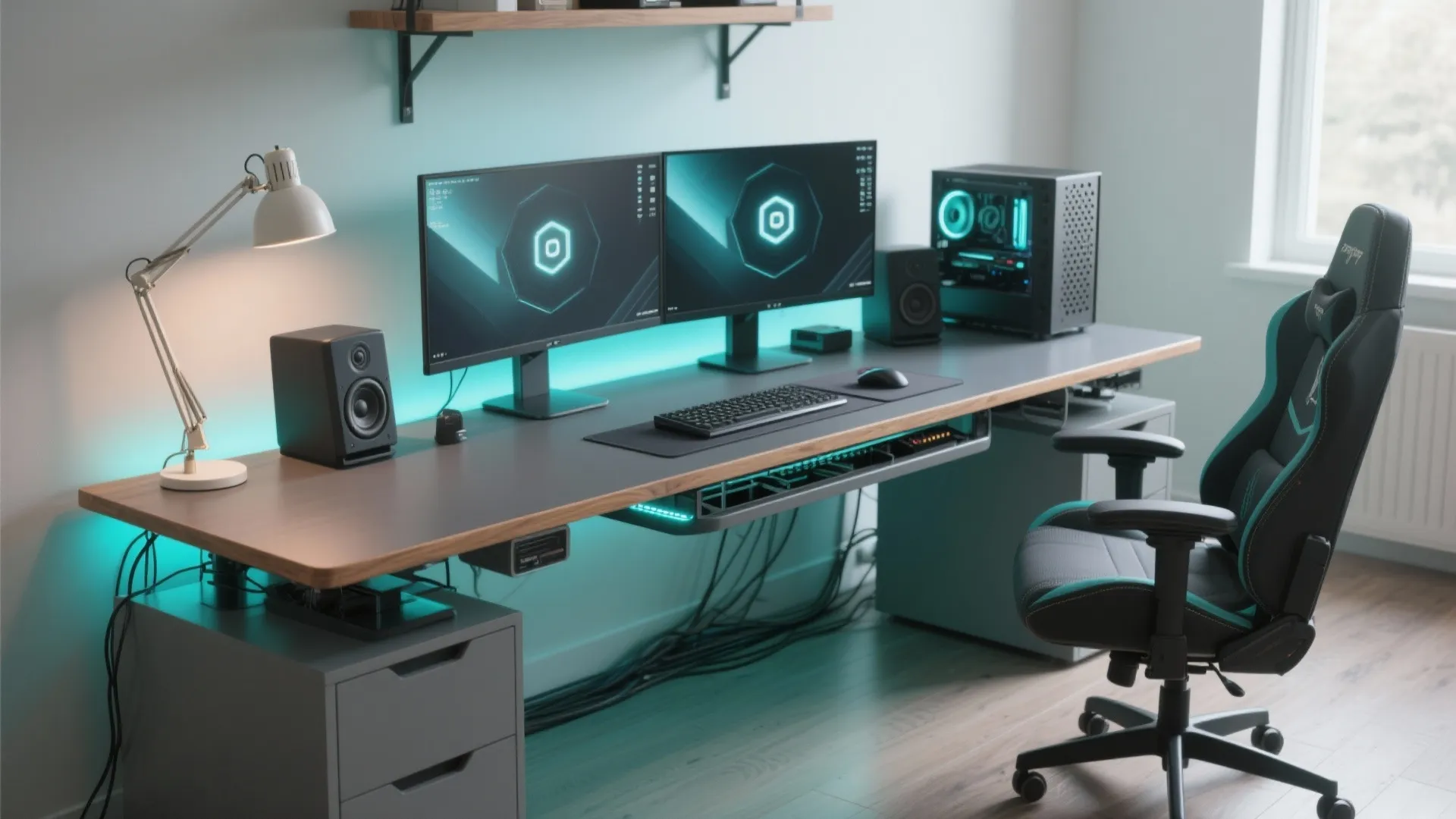 Modern gaming desk with two monitors, black chair, desktop computer, speakers, and bright blue lights