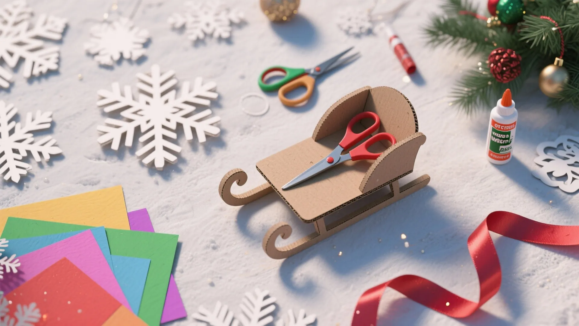 Handmade cardboard sleigh project with scissors glue colorful paper snowflakes and red ribbon on table