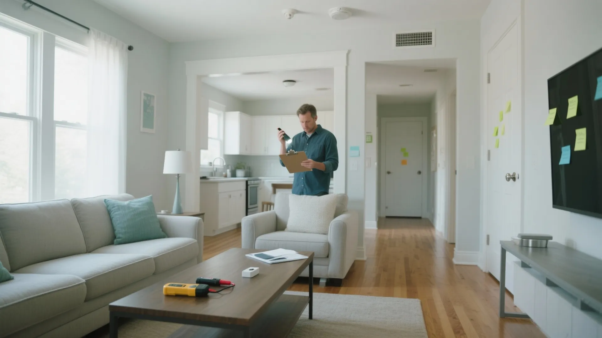Man with flashlight and clipboard performing a house inspection inside a modern white living room