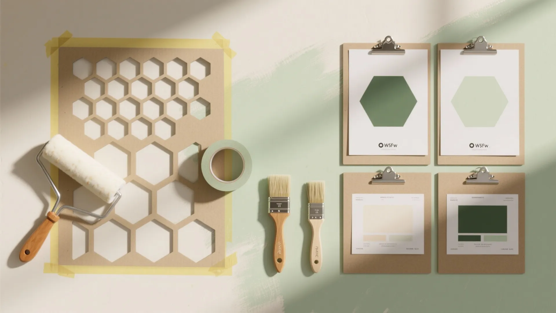 DIY wall painting tools including honeycomb stencil paint roller brushes and green color palette samples