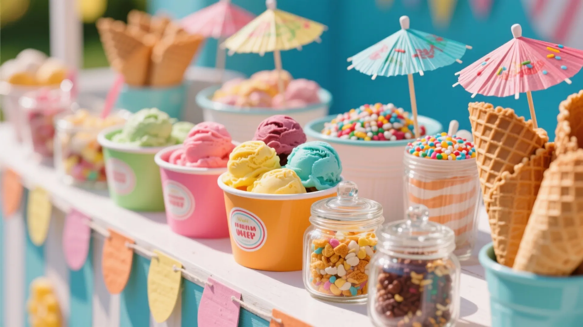 Colorful ice cream bar setup with various scoops sprinkles waffle cones and small paper umbrellas
