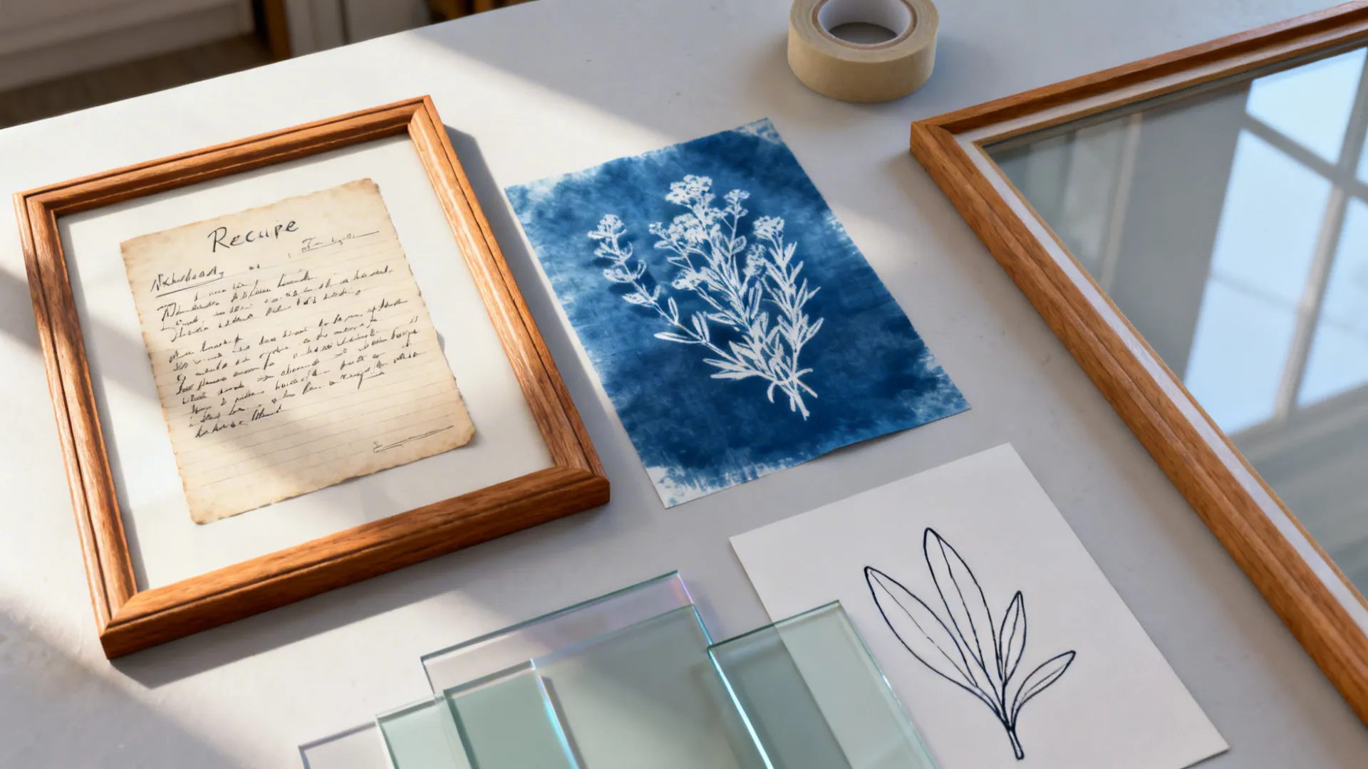 Handwritten recipe in wooden frame next to blue floral art print and glass on desk