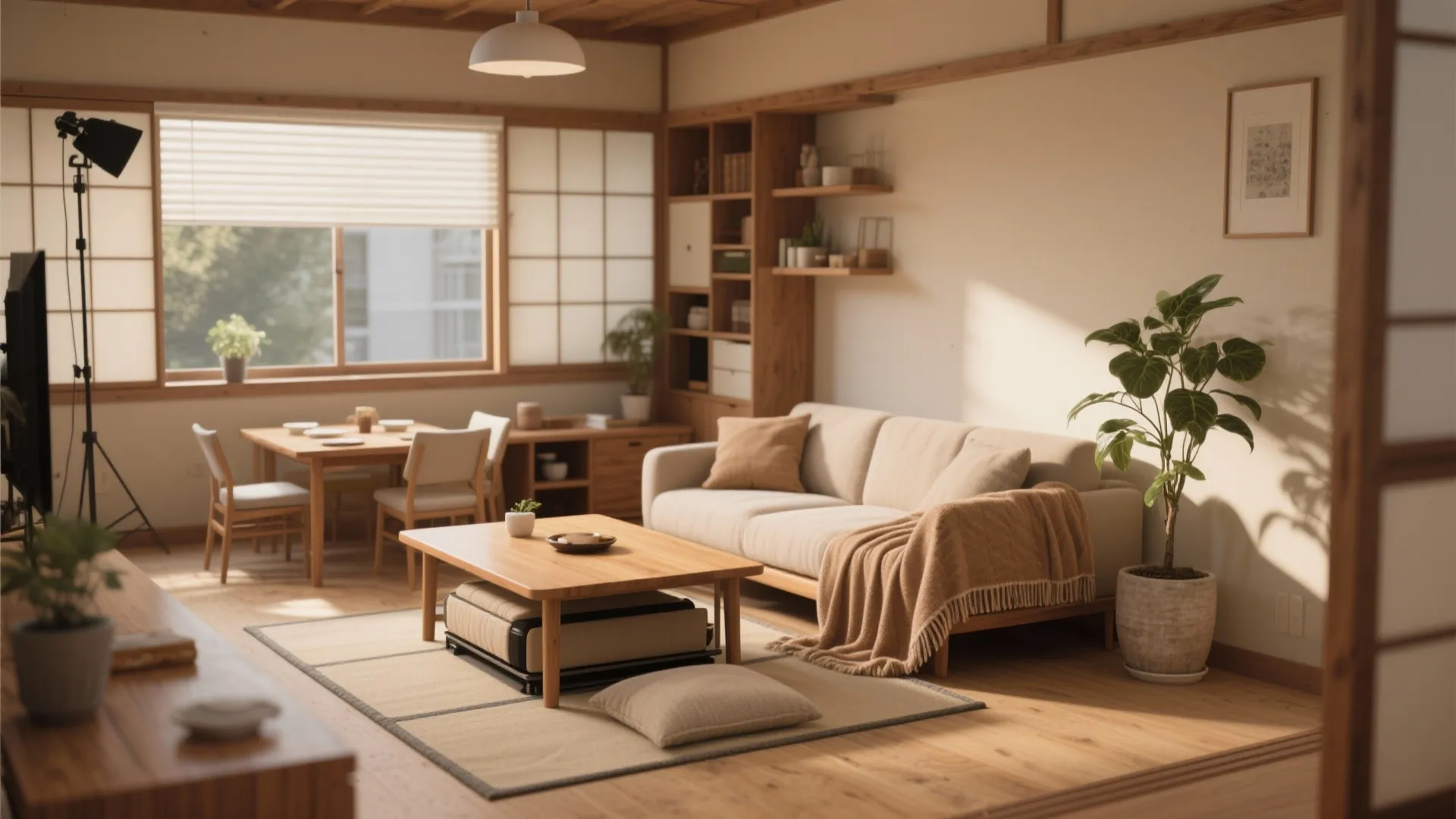 Modern Japanese living room with sofa wooden coffee table dining set plants and ceiling light