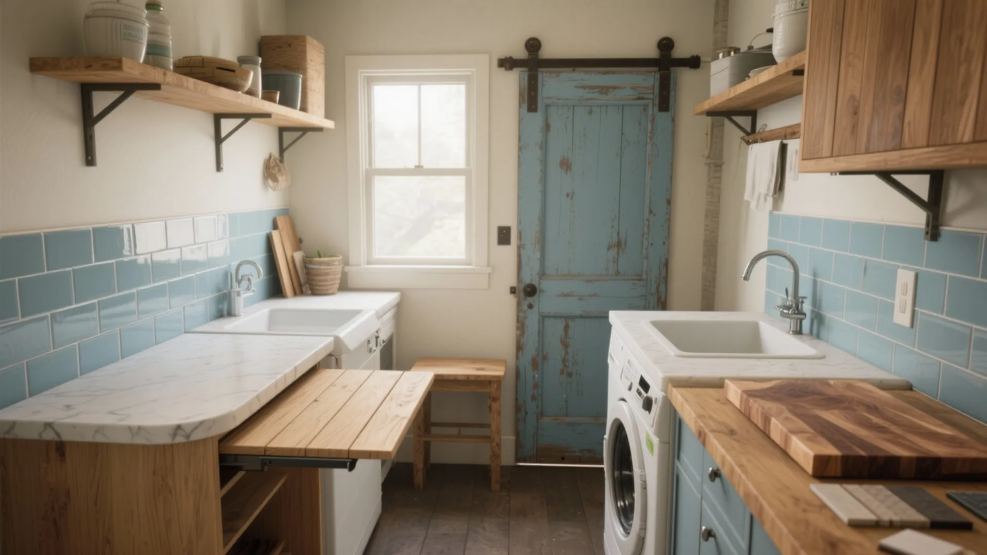 Small laundry room with blue wall tiles wooden shelves a sliding door and white washing machine