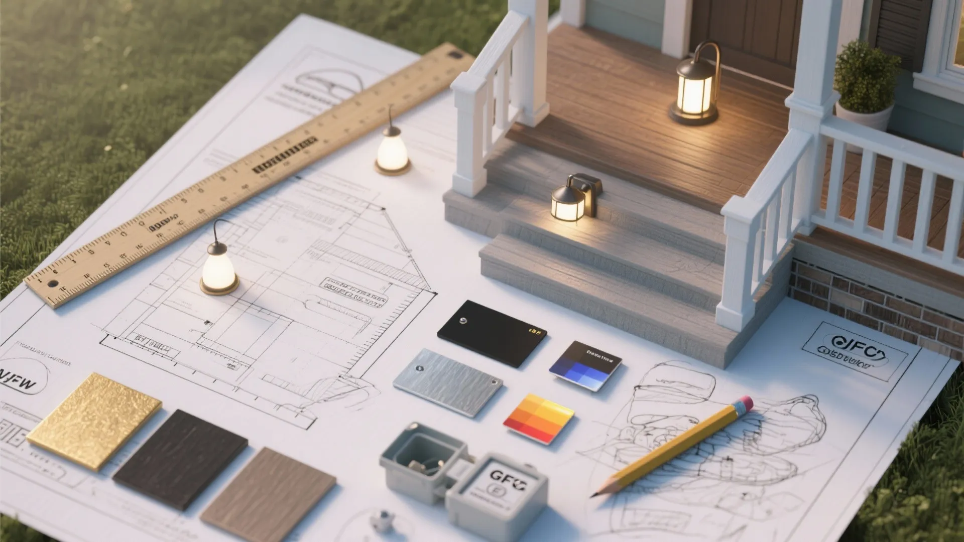 Interior design drawing with material samples ruler pencil and small house model parts on green grass