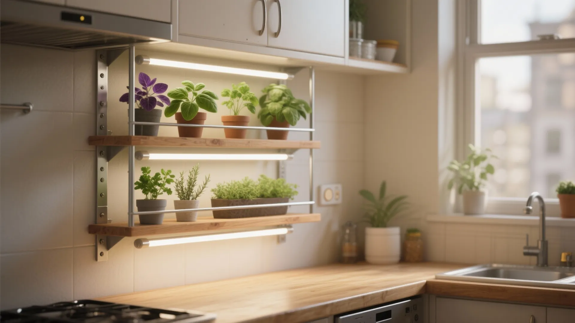 Kitchen counter with wooden shelves holding small potted herbs under bright horizontal led light fixtures