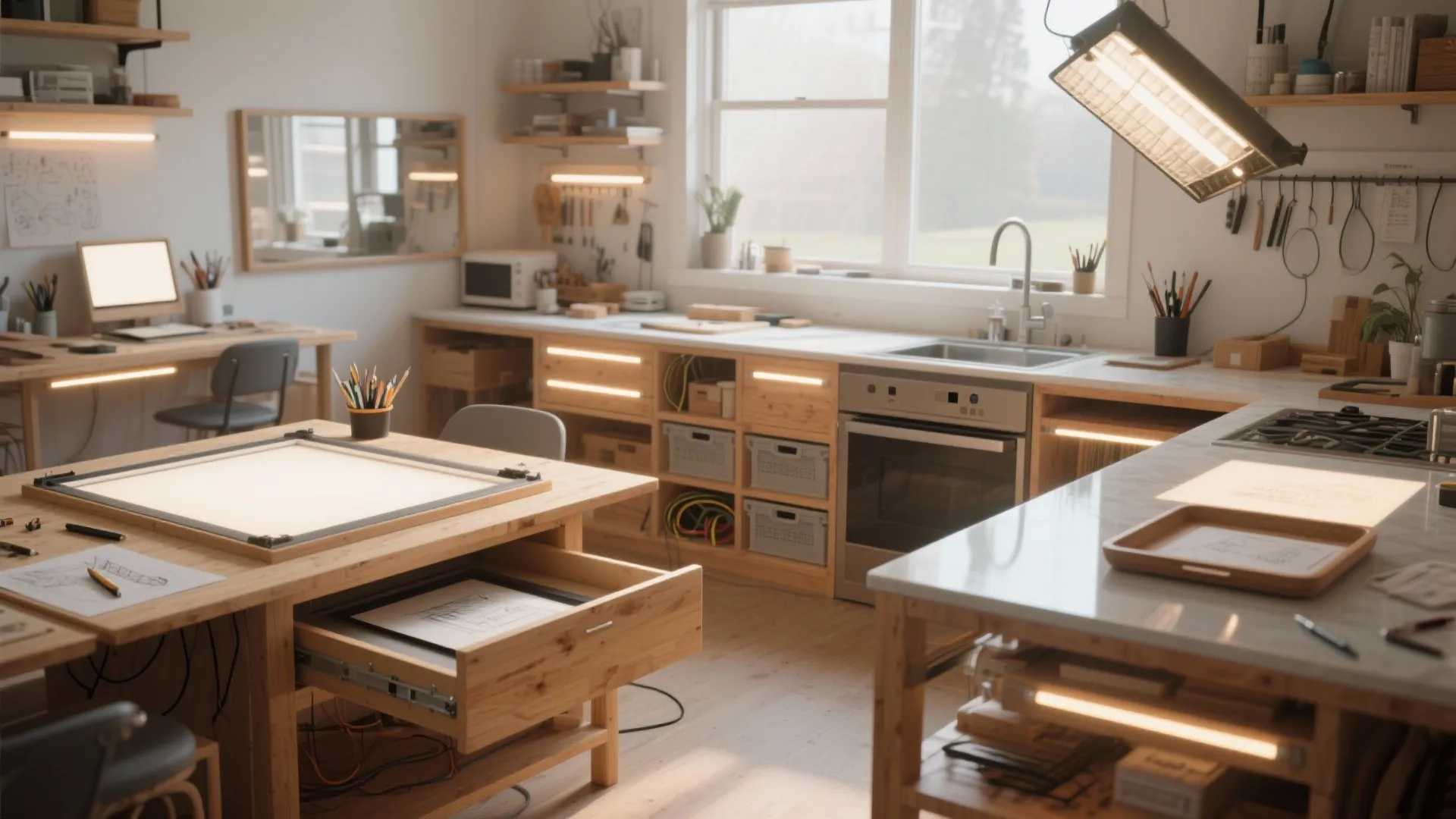 Bright workshop featuring wooden desks with integrated light panels storage bins and various interior design tools