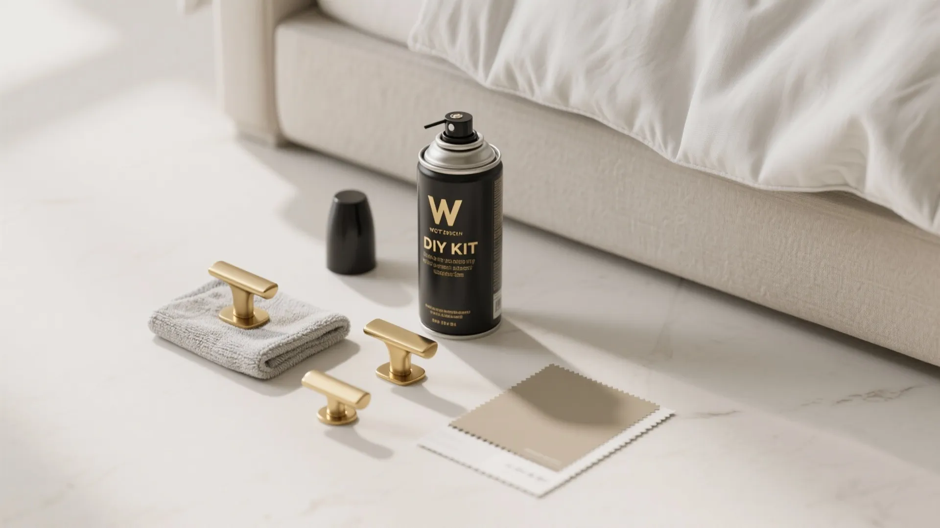 Flatlay of spray paint, brushed-gold pulls, microfiber cloth, and washable duvet swatch
