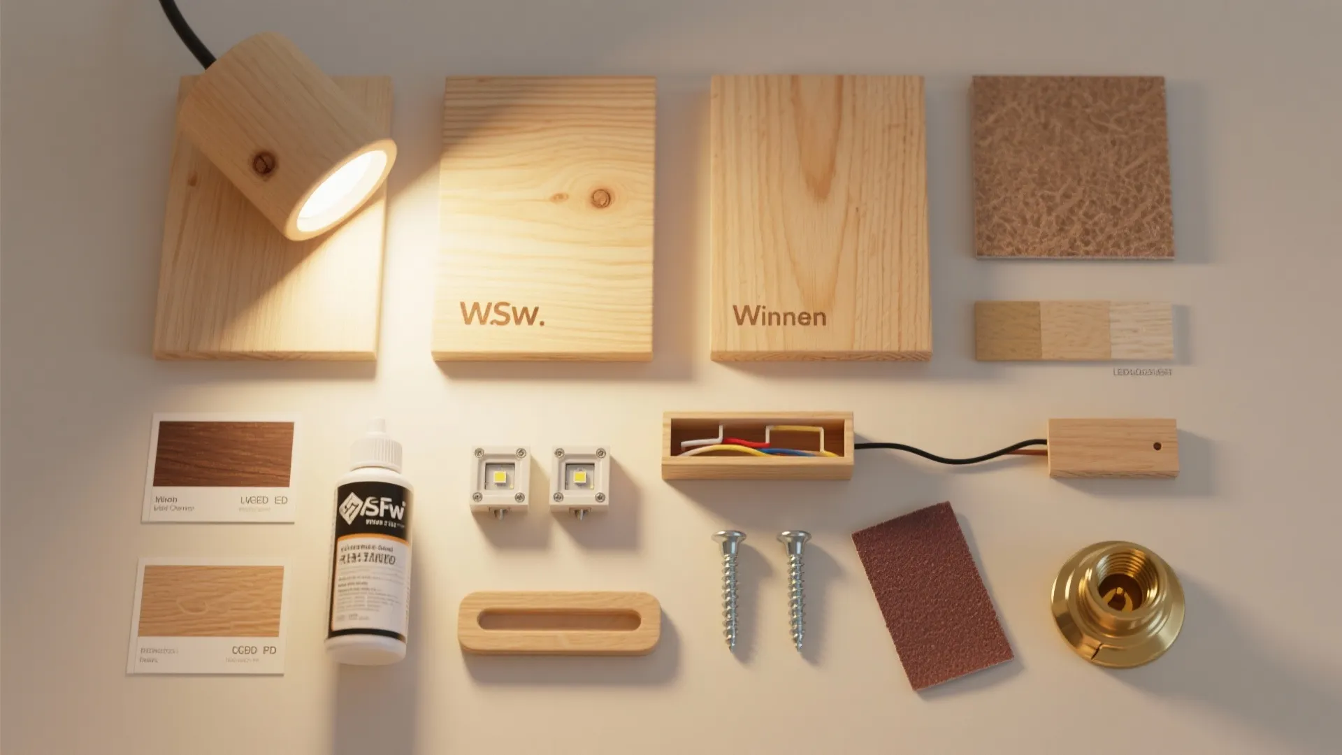 Flatlay of DIY materials for wooden sconces including plywood samples, LED modules, anchors, and sealant.