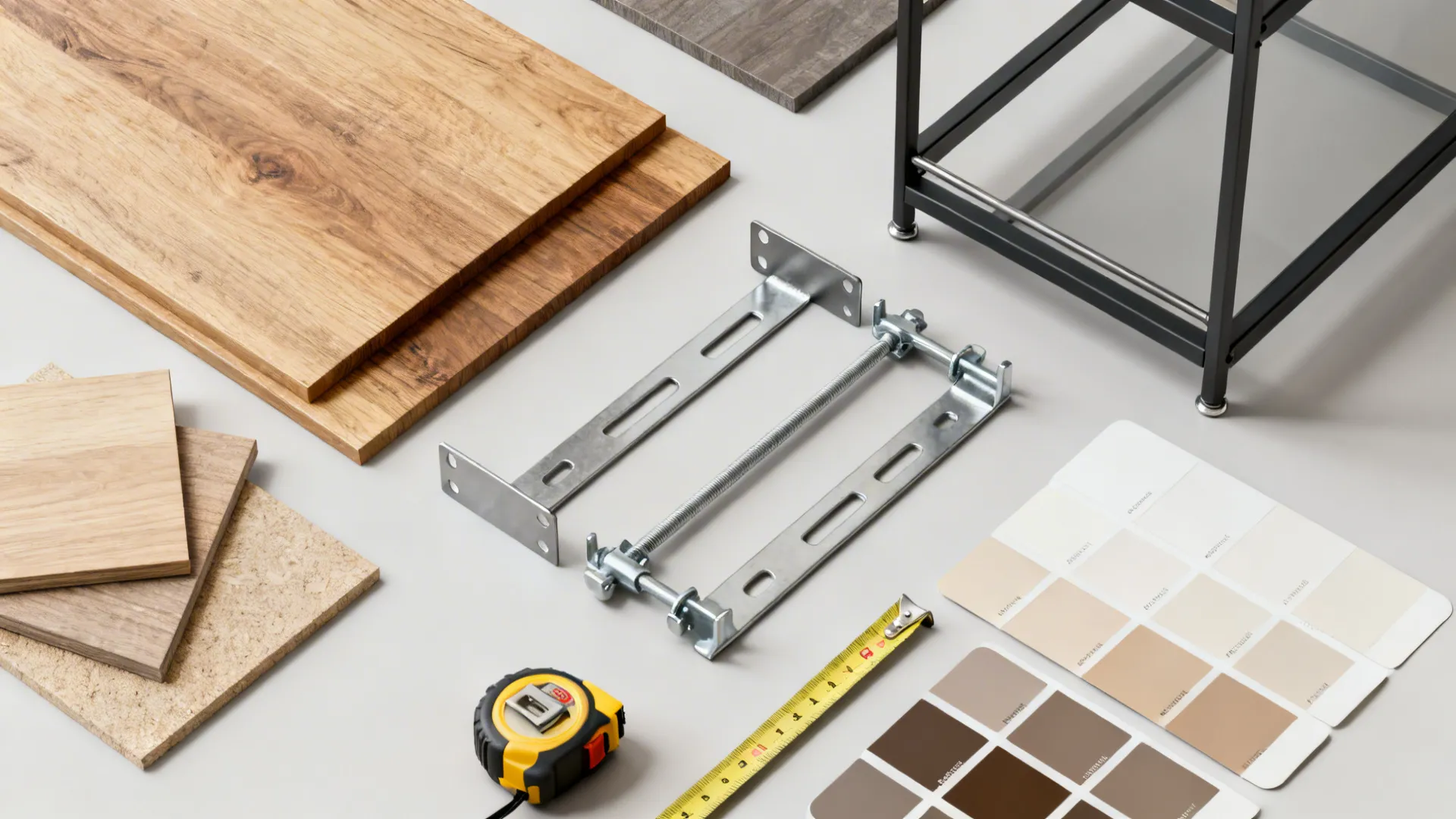 Flatlay of materials and tools for building a DIY tall TV stand