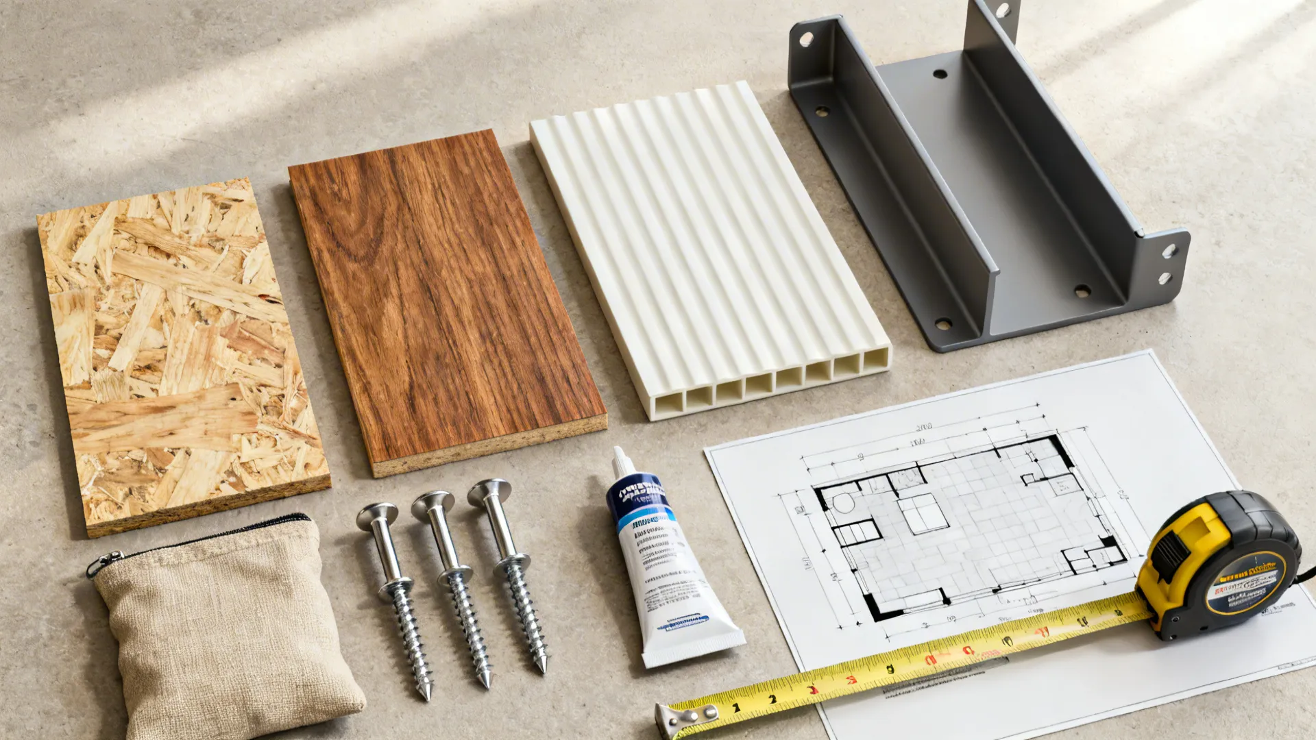 Top view of wood boards wall panels screws glue a floor plan and tape measure