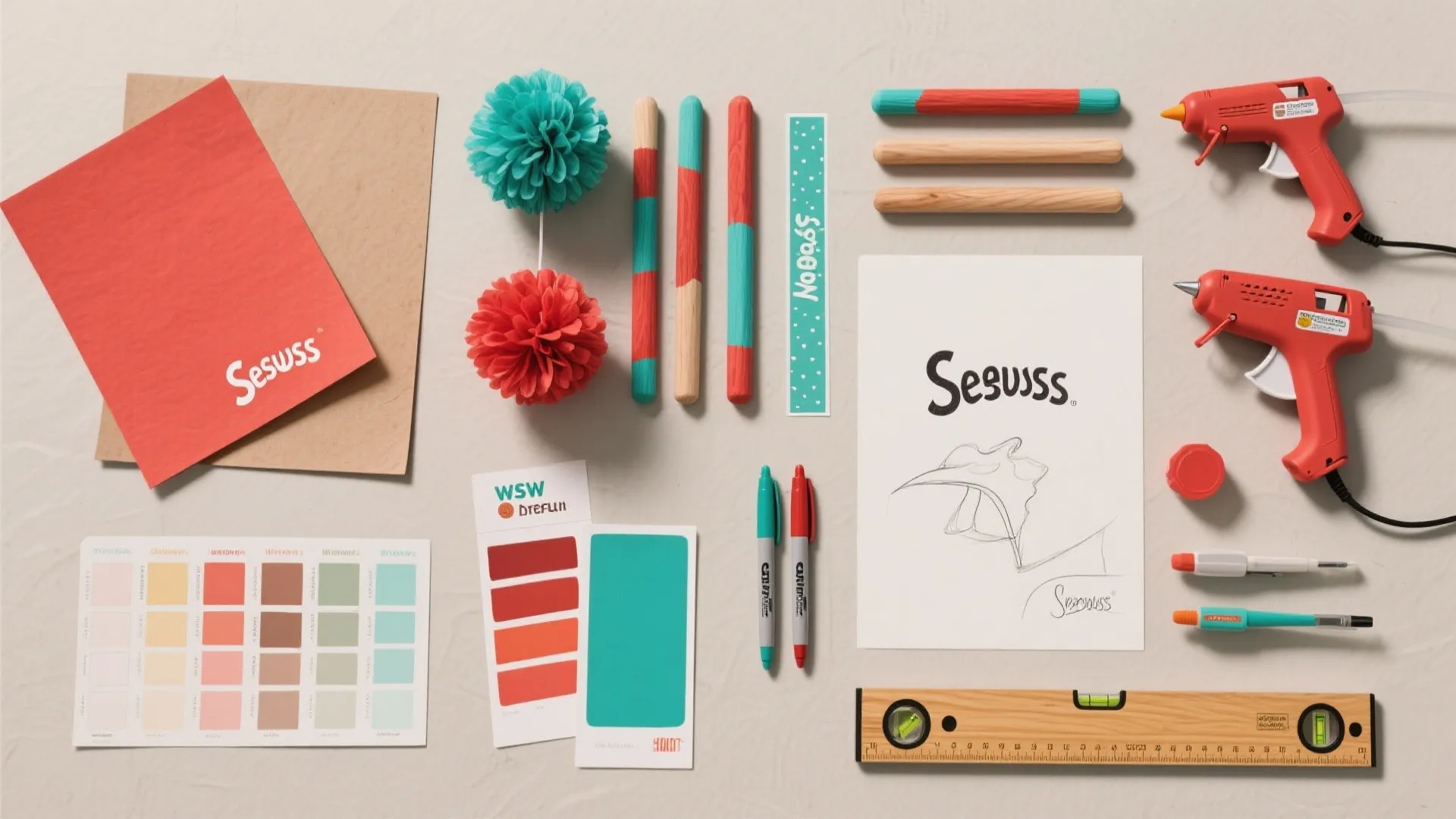 Craft materials including glue guns and color cards plus paper and tools on a table
