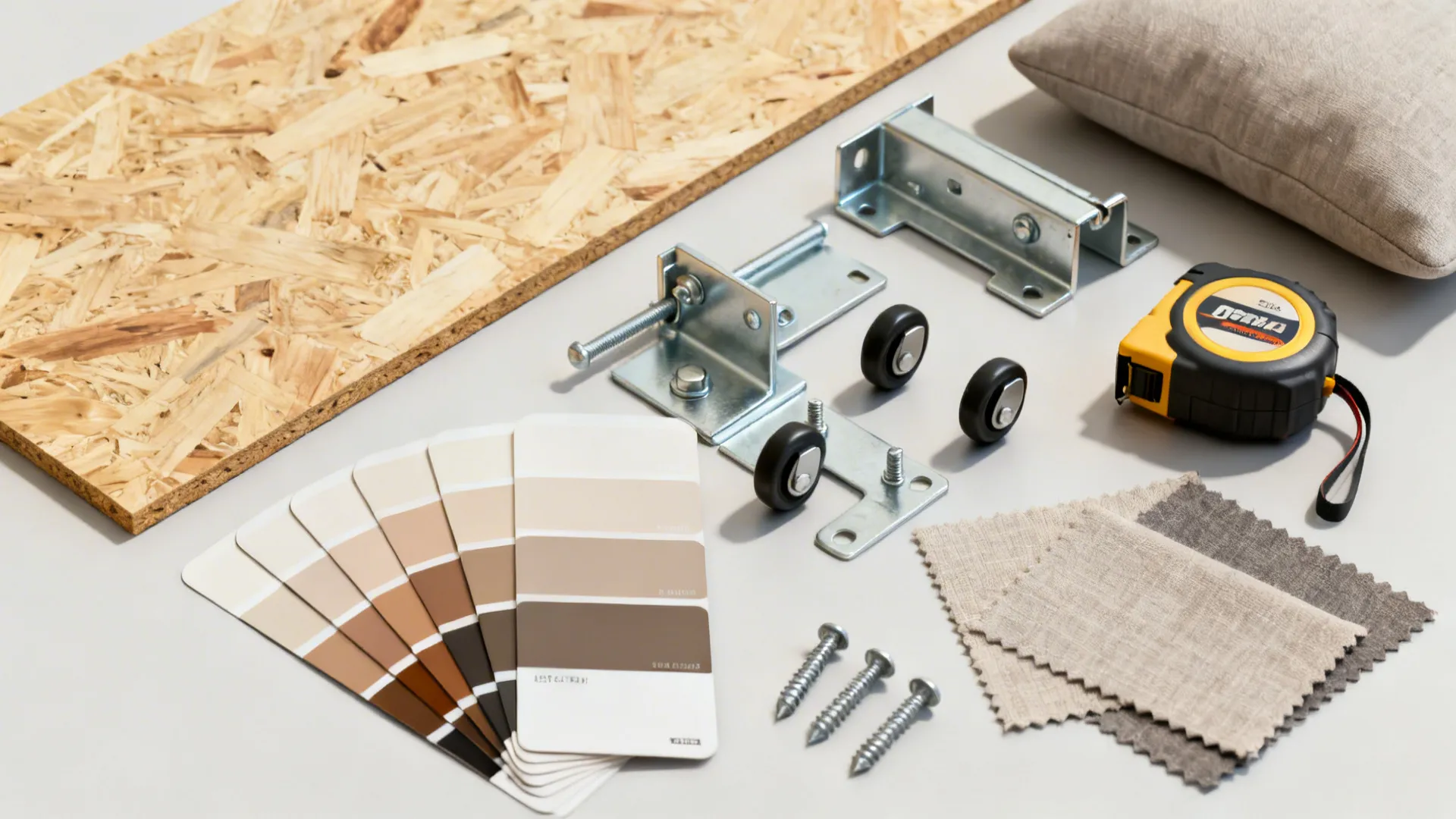 Flatlay of DIY materials: plywood sample, paint swatches, hardware and toolbox for small projects