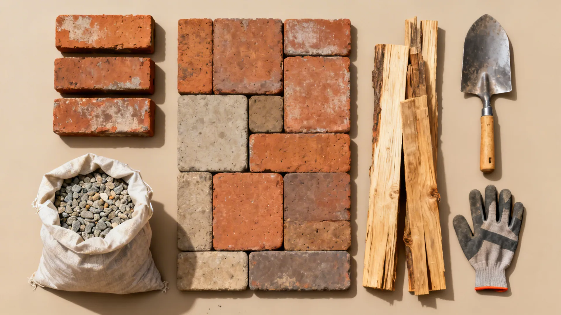 Flatlay of reclaimed bricks, timber offcuts, gravel and tools for backyard DIY projects