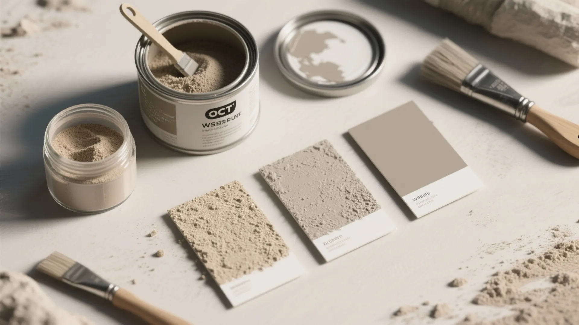 Beige wall paint samples with textured surface swatches paint cans brushes and micro cement powder