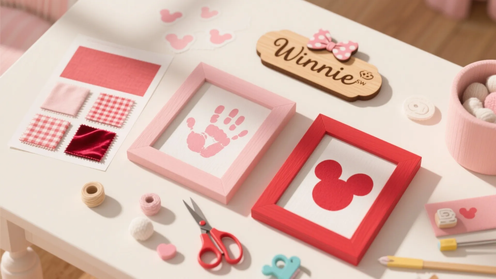 Top-down flatlay of DIY Minnie crafts: handprint canvases, name plaque with a bow, decal sheets and fabric swatches.
