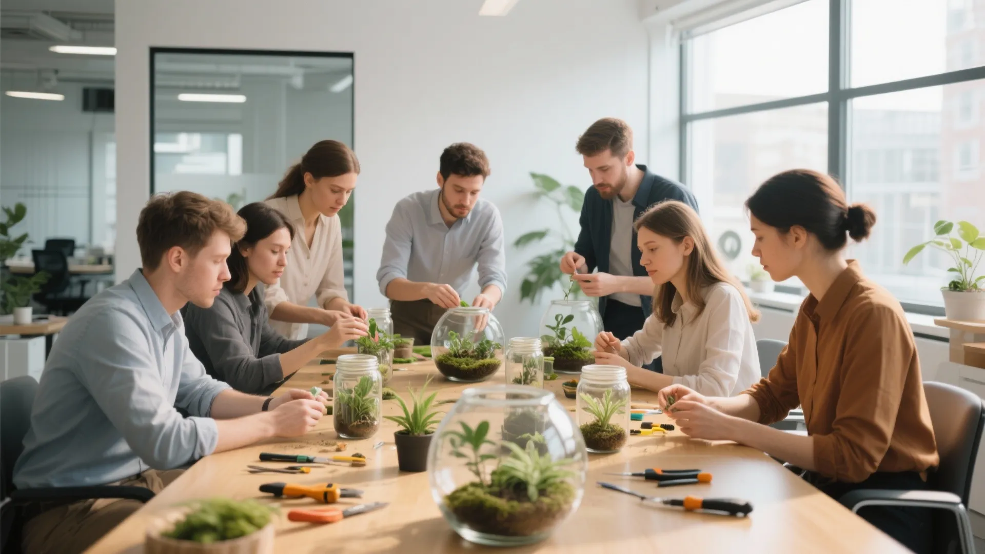 Office employees participating in a terrarium building workshop around a long wooden table with plants
