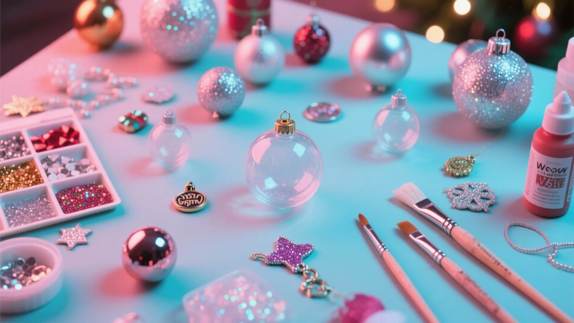 Table with Christmas ornaments and craft supplies including paint brushes glitter and clear glass balls