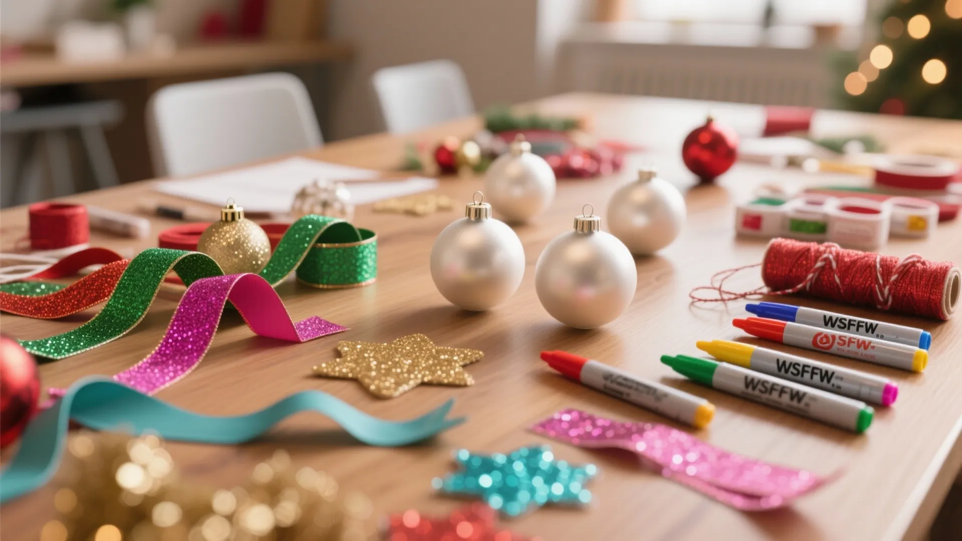 Christmas ornament craft materials laid out on a table