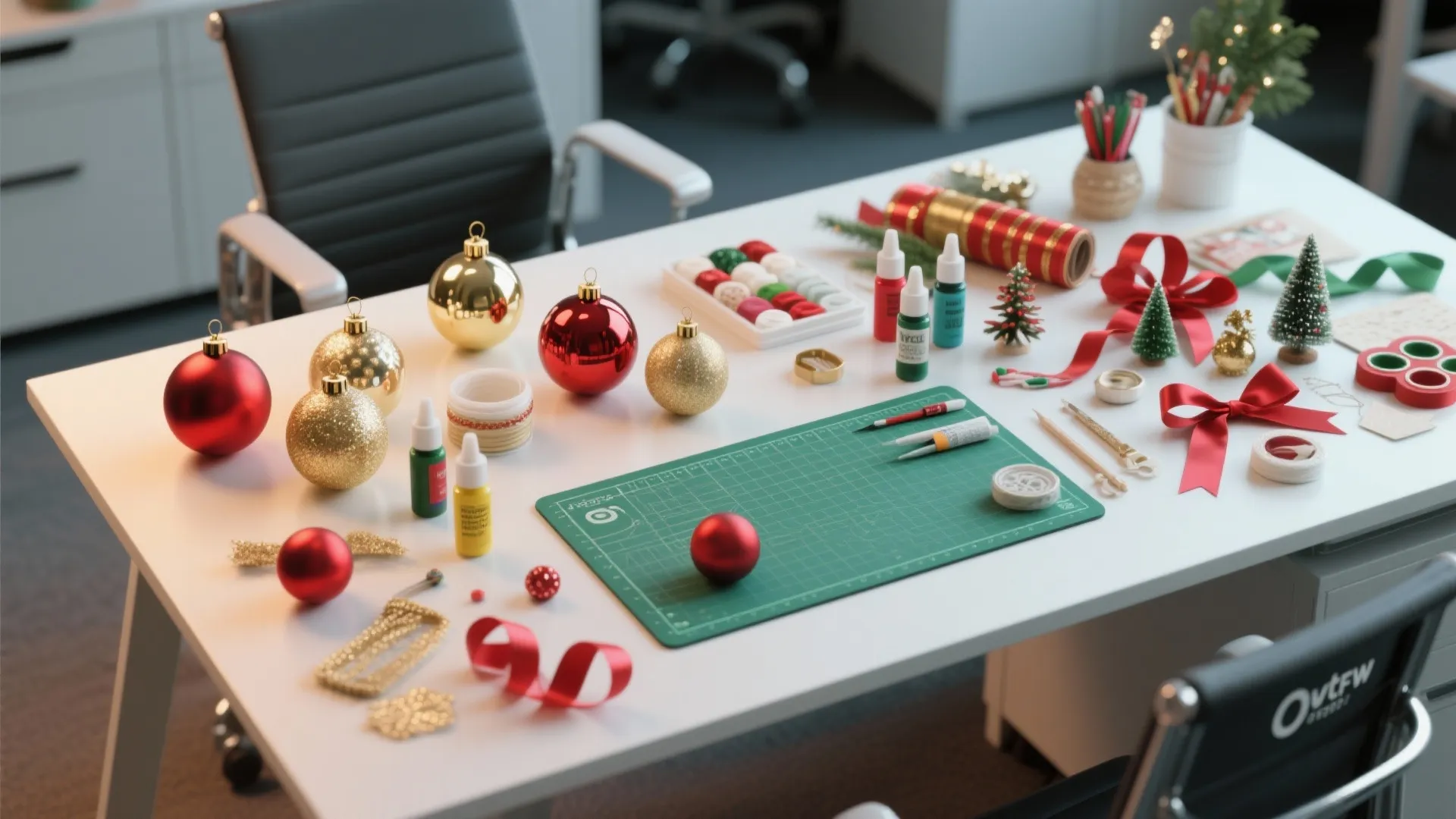Office desk with colorful Christmas ornaments, green cutting mat, craft tools, ribbons, and holiday decorations