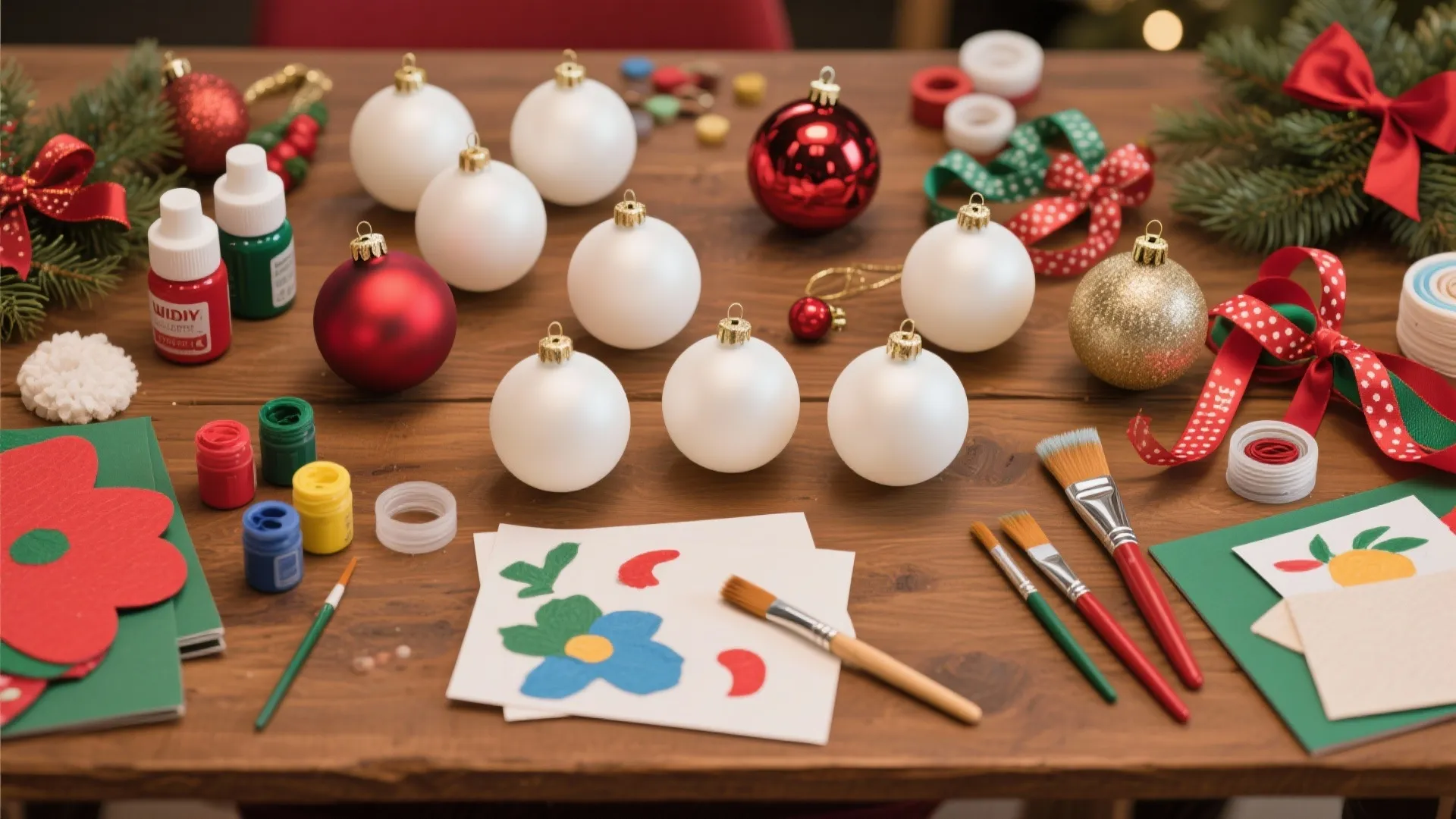 Wooden table with white round ornaments paint brushes colorful ribbons and festive Christmas craft supplies