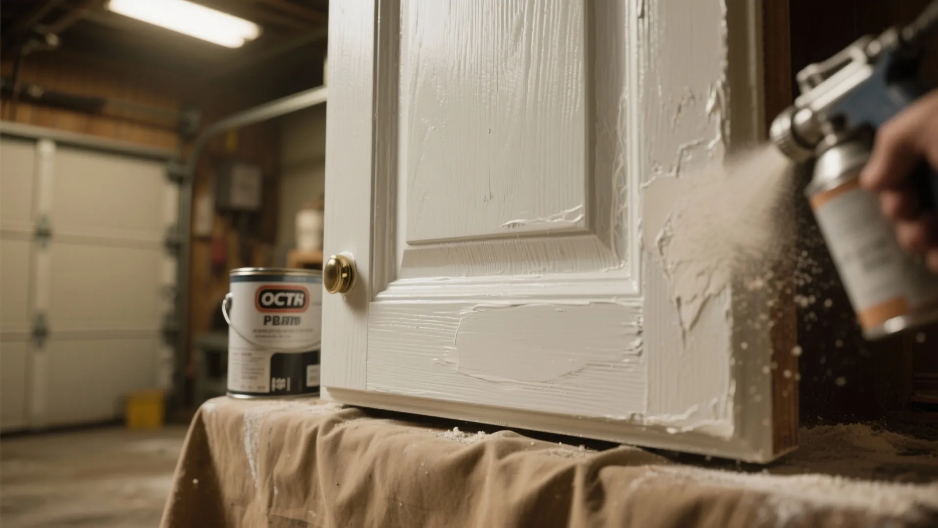 Hand using a spray gun to paint a white cabinet door in a home garage workshop