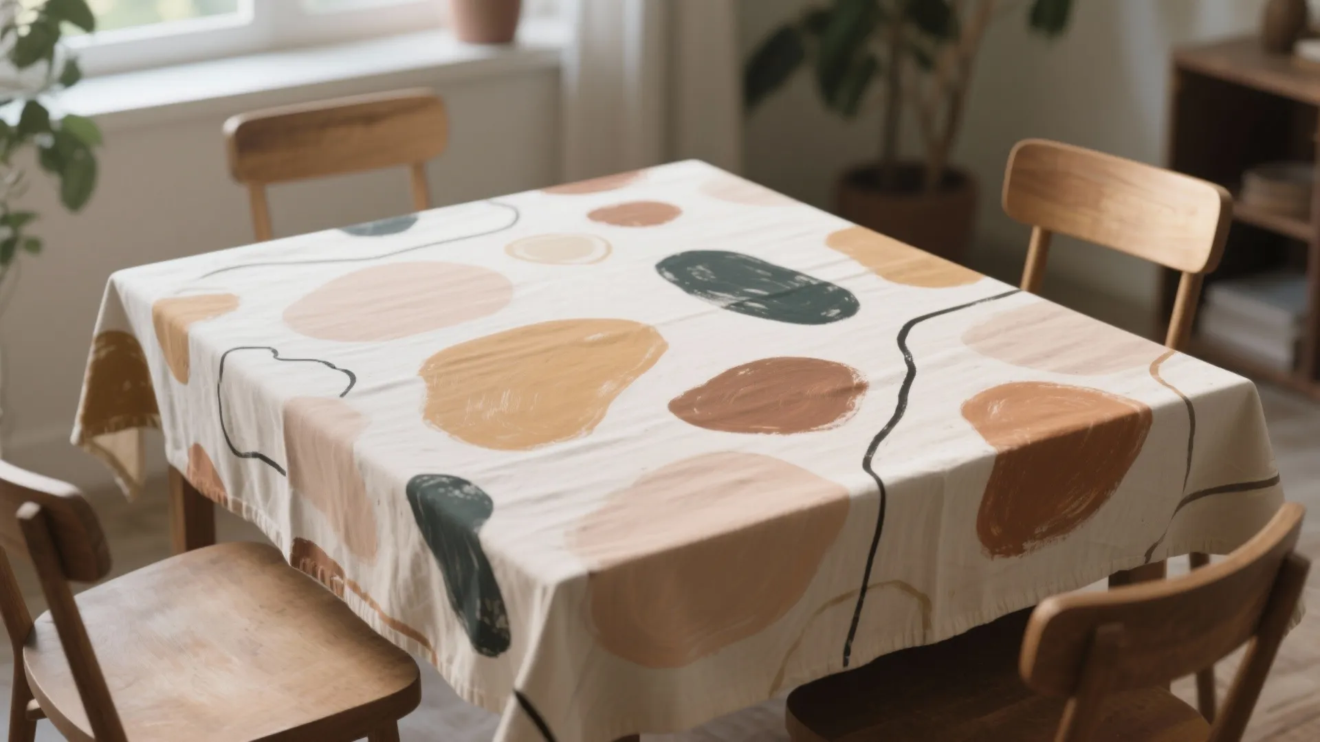 Hand-painted abstract canvas tablecloth on a dining table
