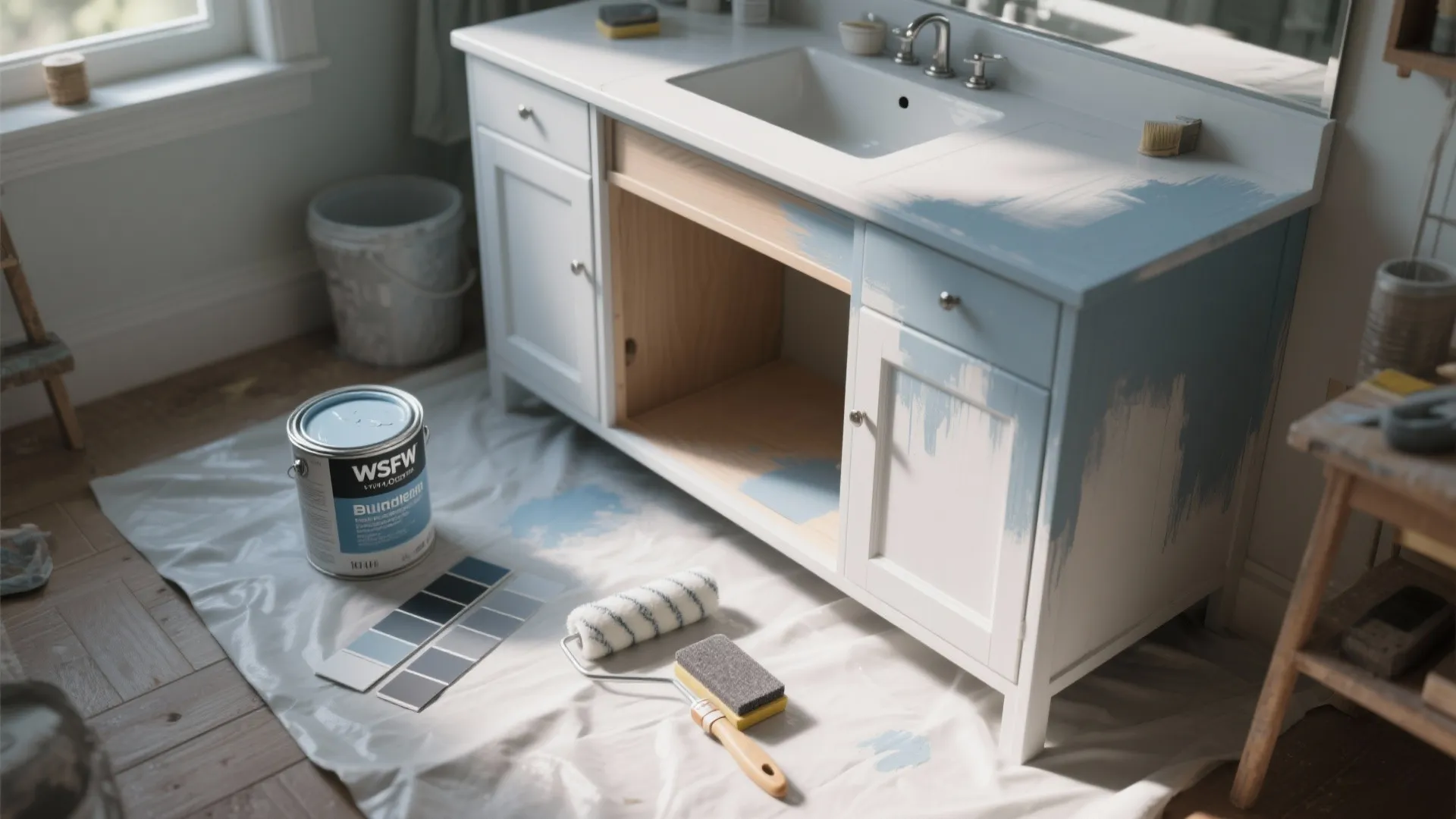 5. Custom Painted Gray-Blue DIY Vanity Upgrade