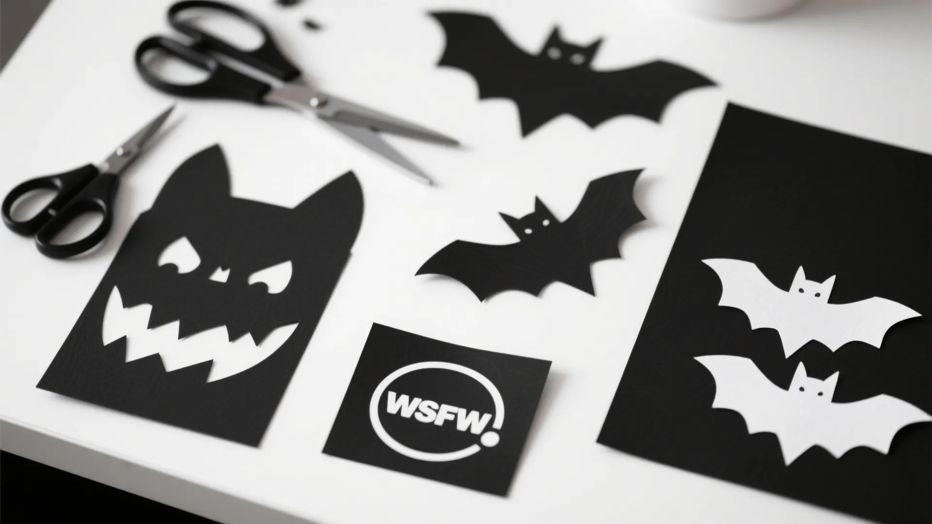 Black paper bat cutouts and monster face decorations on white table with silver craft scissors