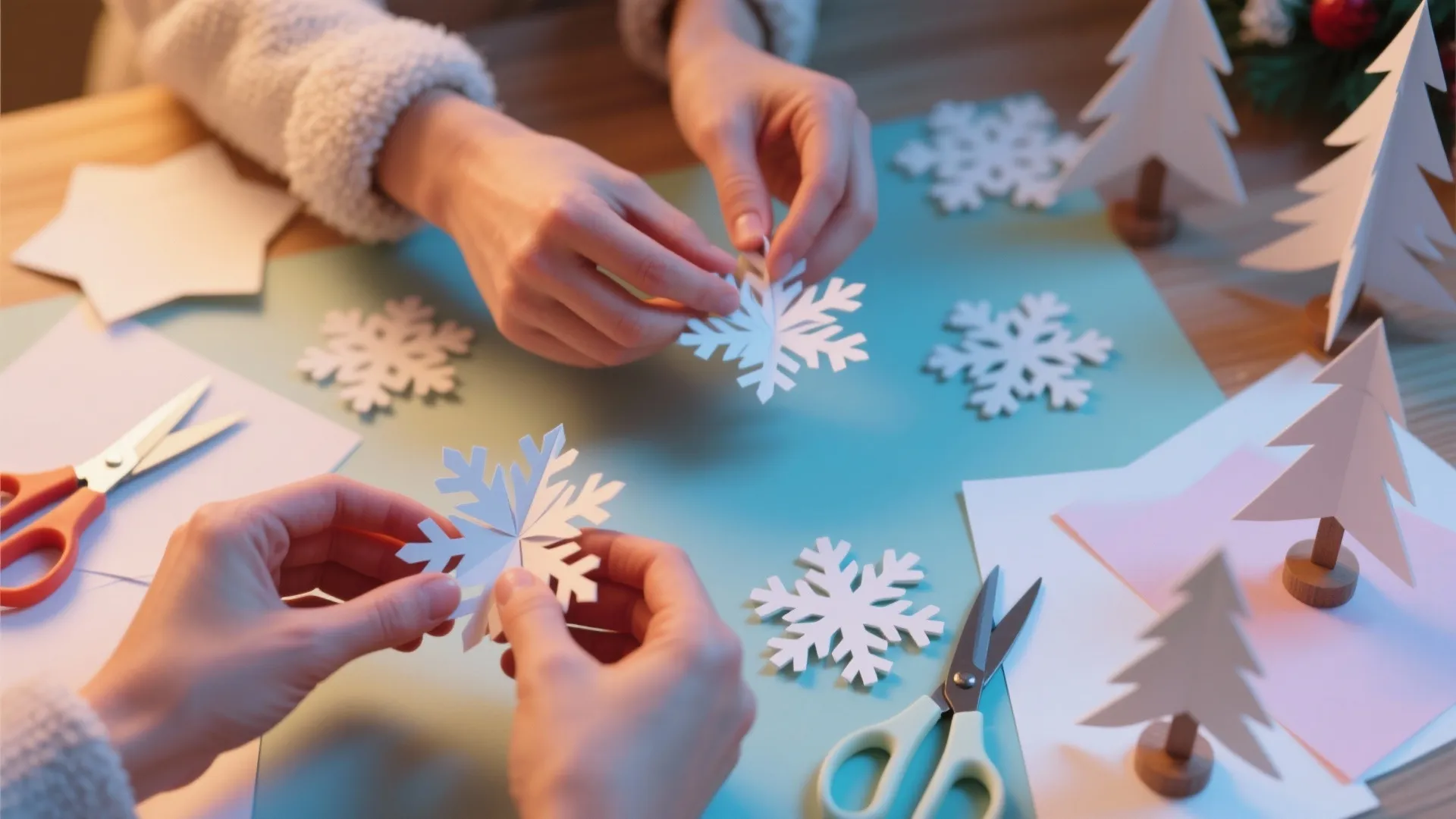 Hands making white paper snowflakes and small trees on a blue table with craft tools