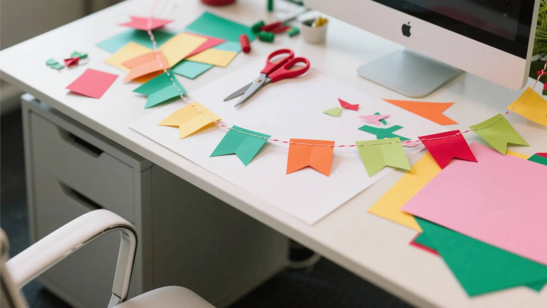 Office desk with colorful paper flags scissors and craft materials for making a handmade garland