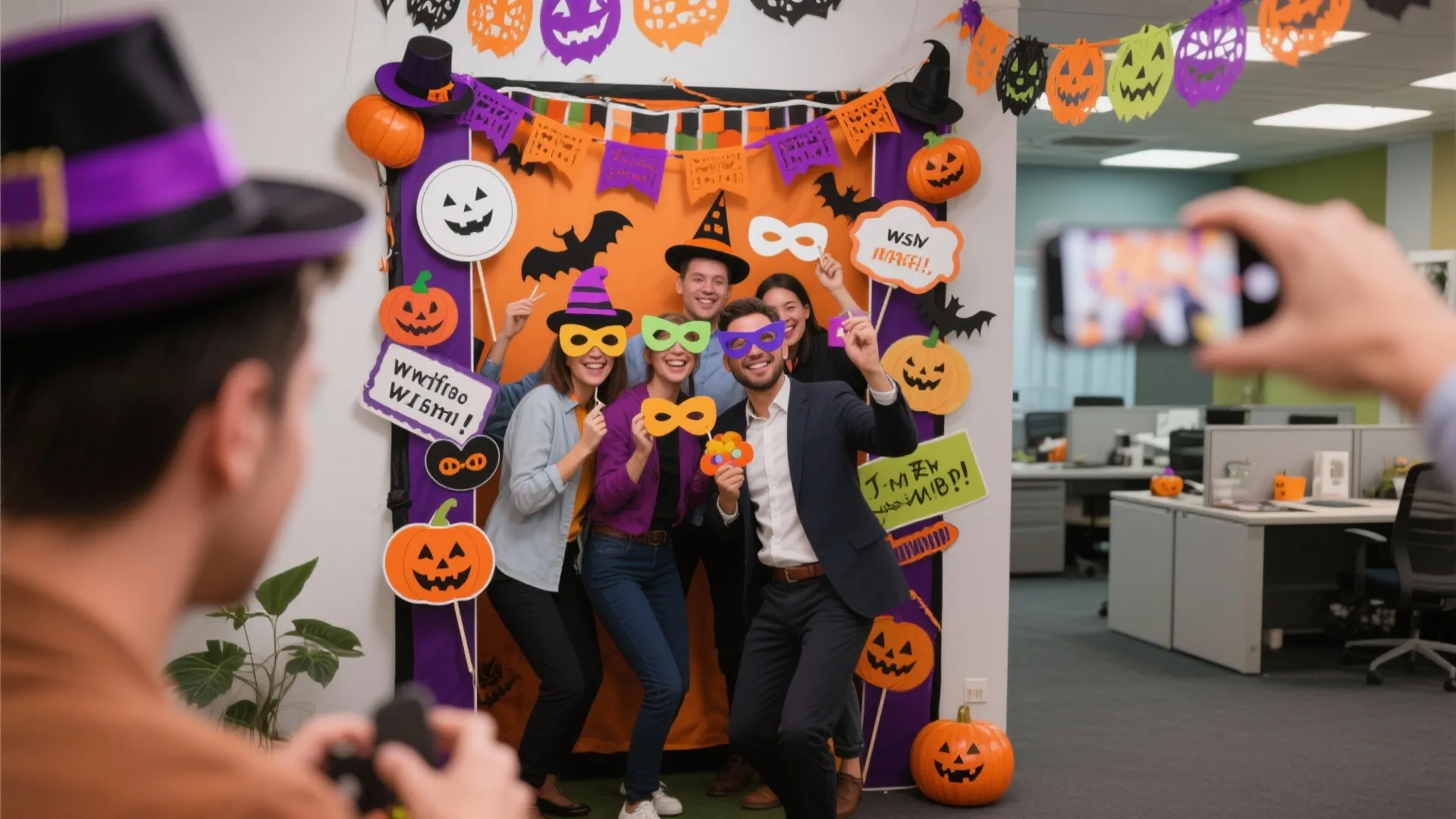 Happy office staff posing in masks at a Halloween photo booth with orange pumpkin decorations