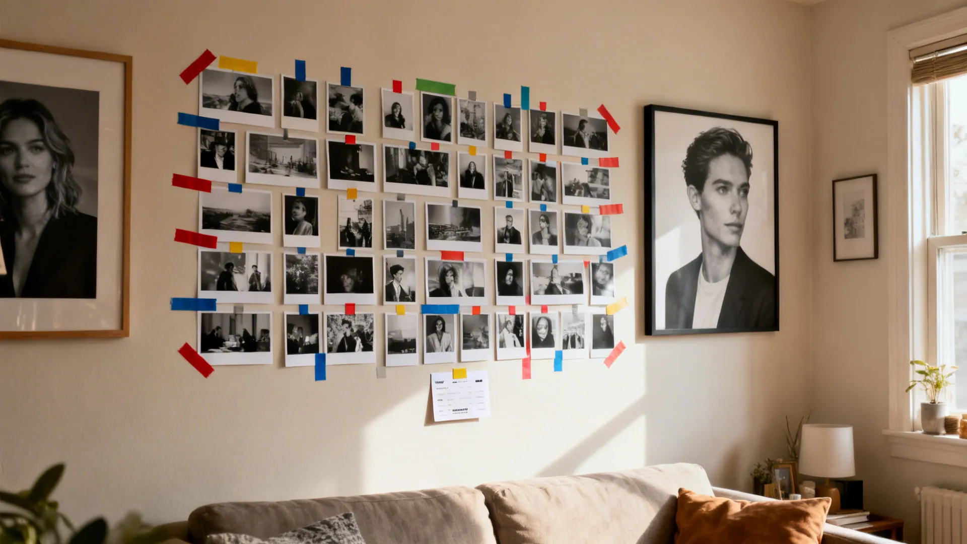 A renter-friendly photo wall with black-and-white prints taped in a loose grid using two tape colors.