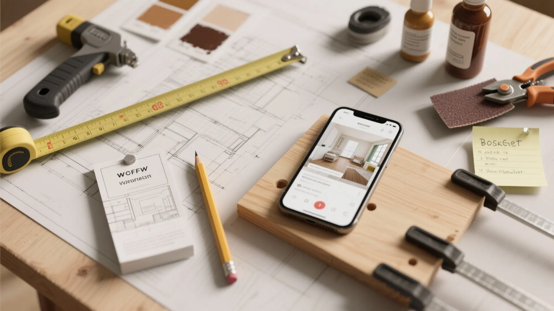 Wooden table with floor plan, yellow tape measure, pencil, smartphone showing room design, and tools