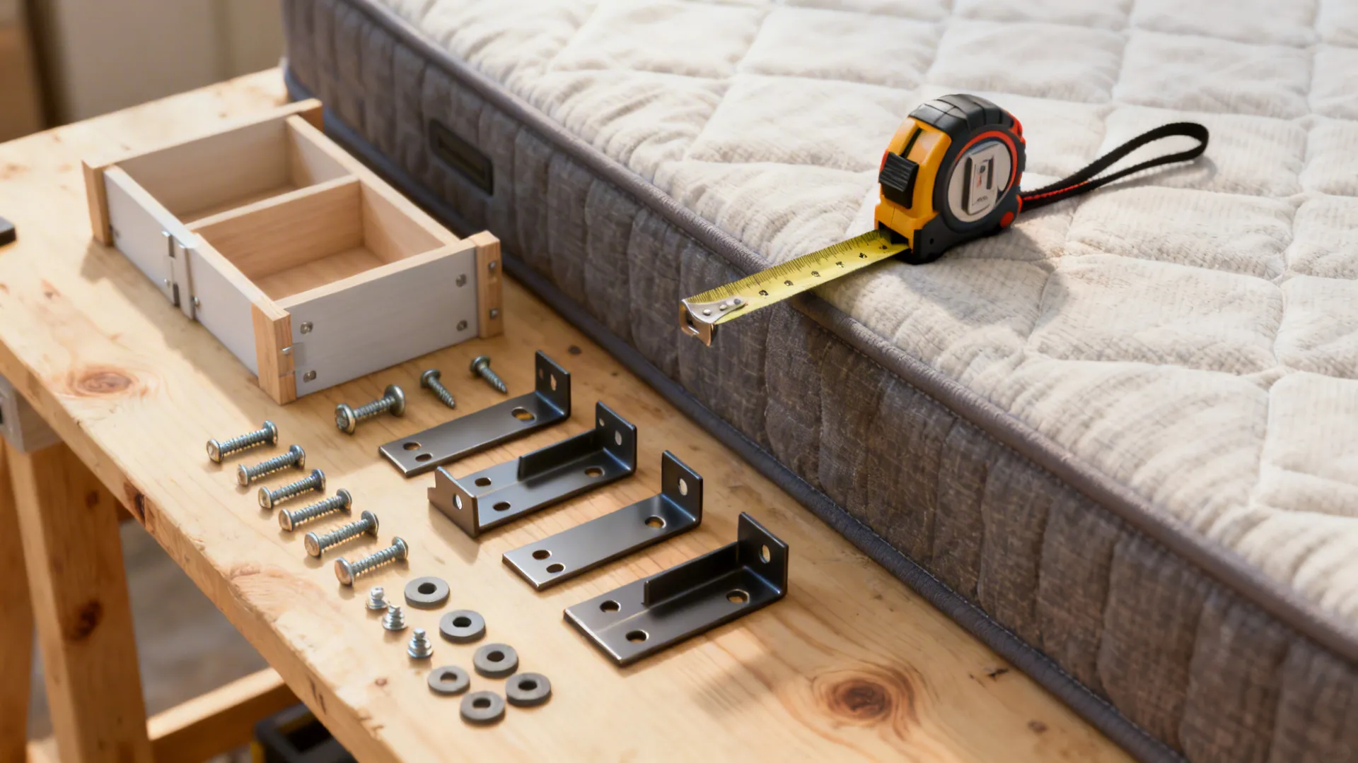 Modular drawer kit and tools for building a DIY platform bed, laid out on a workbench.