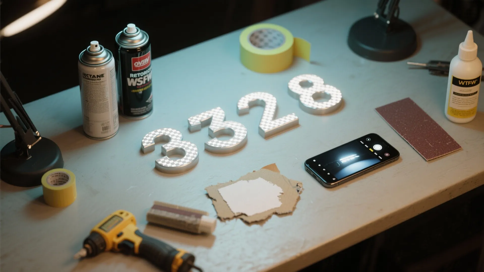 Table with house numbers, spray cans, glue, power drill, and smartphone for a DIY project