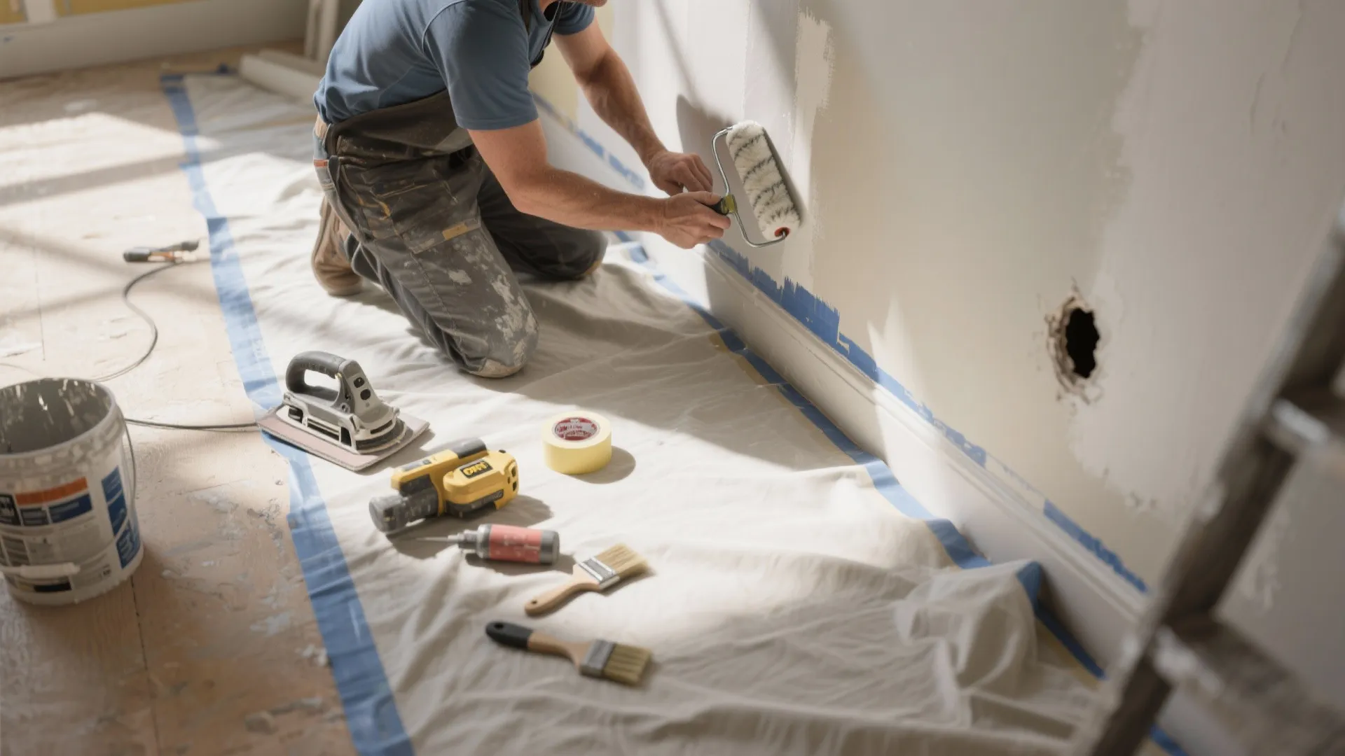 Top-down view of DIY prep tasks and a professional applying final paint coats, showing a cost-saving hybrid workflow.