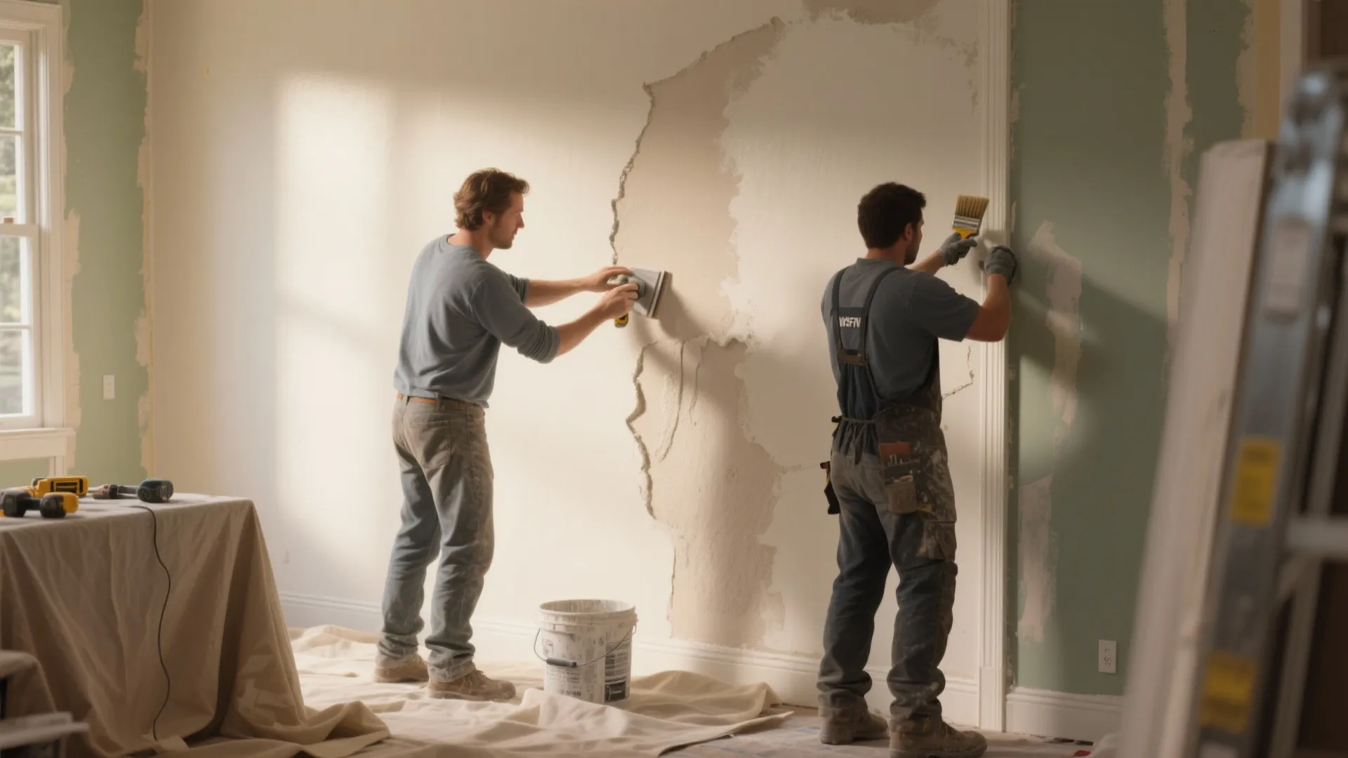Two professional workers applying white plaster and painting a wall during a home room renovation