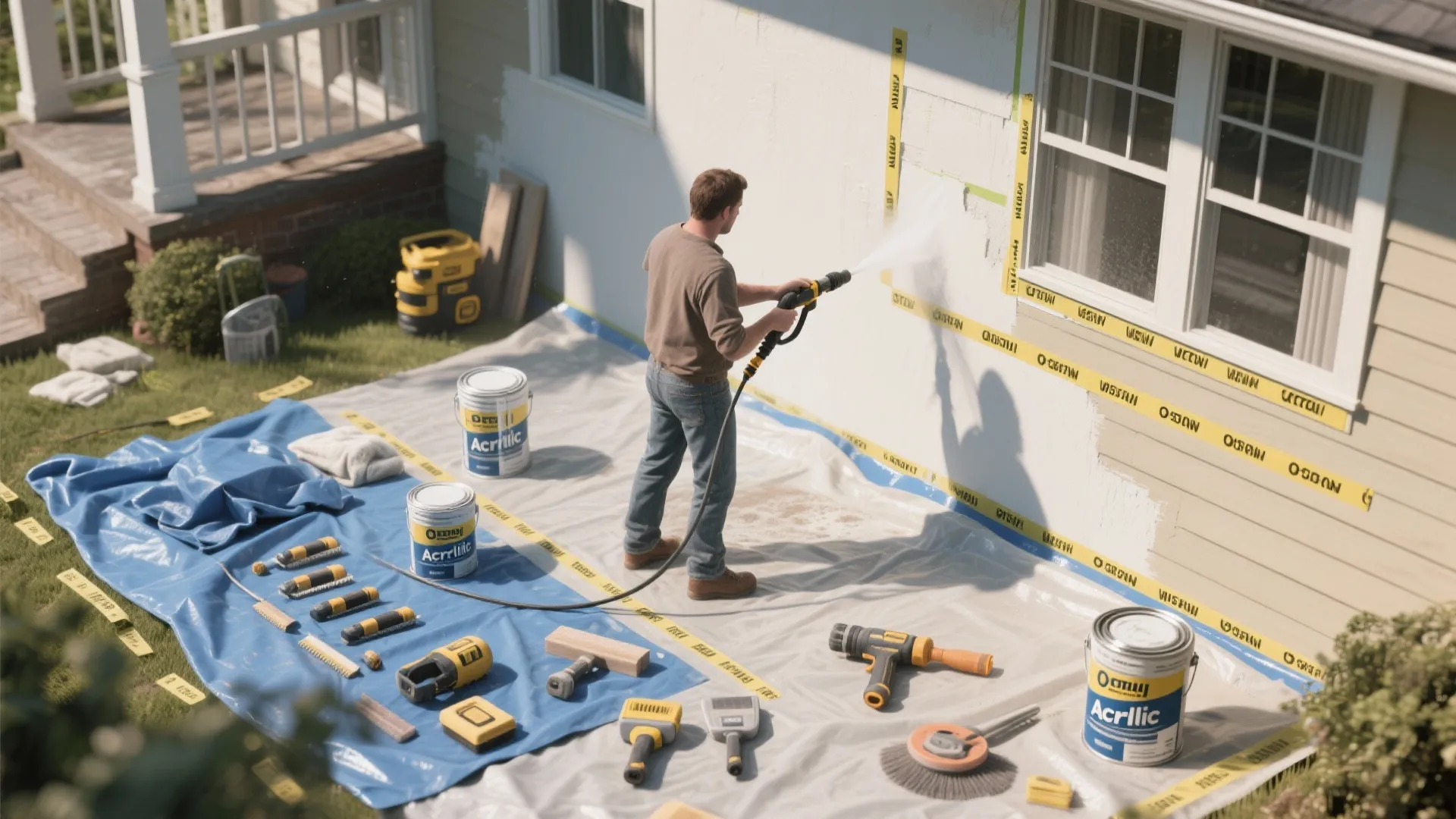 Man using high pressure water sprayer to clean house exterior wall before painting with brushes