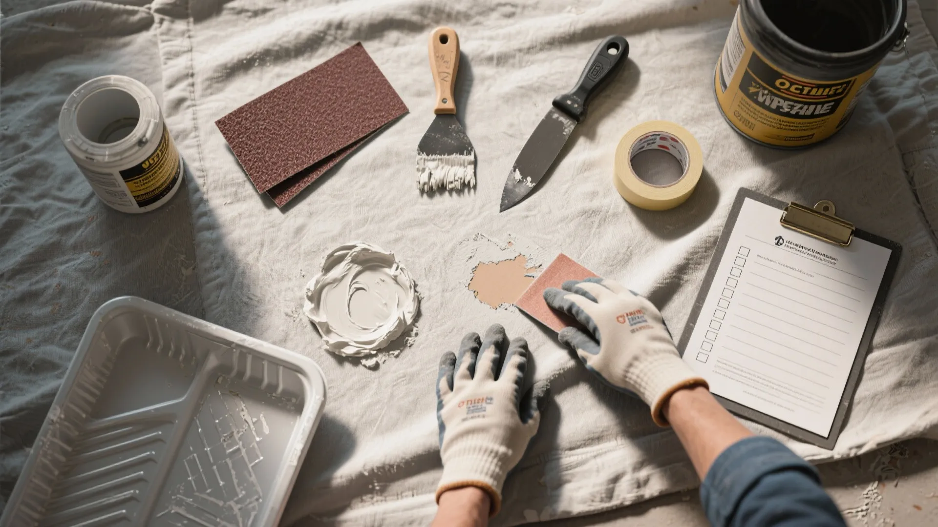 Top-down view of DIY prep tools and hands sanding a wall patch before professional painting