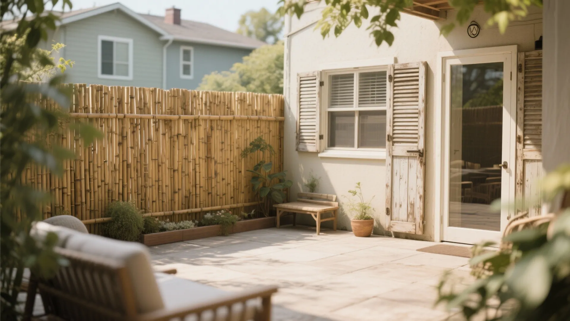 Bamboo privacy screen creating a secluded patio corner