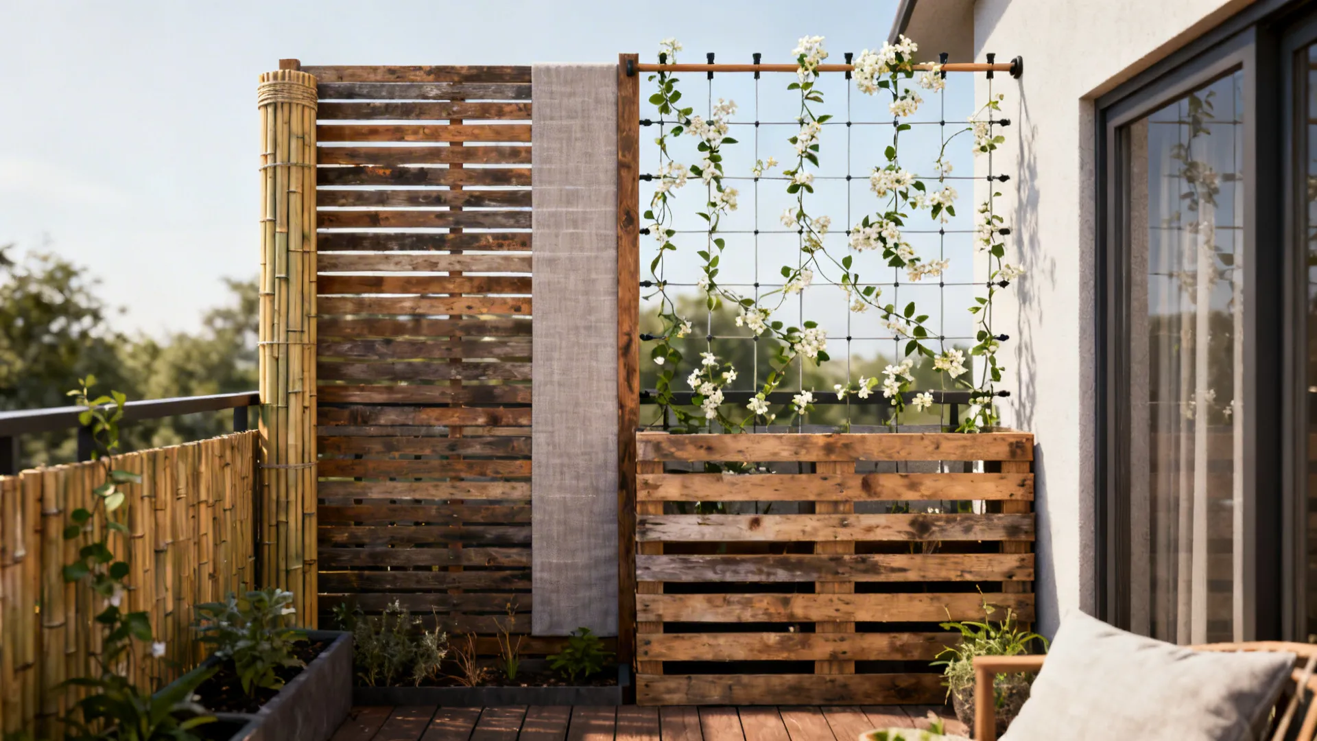 Balcony privacy screen made from bamboo wooden slats and pallet planter with white climbing flowers