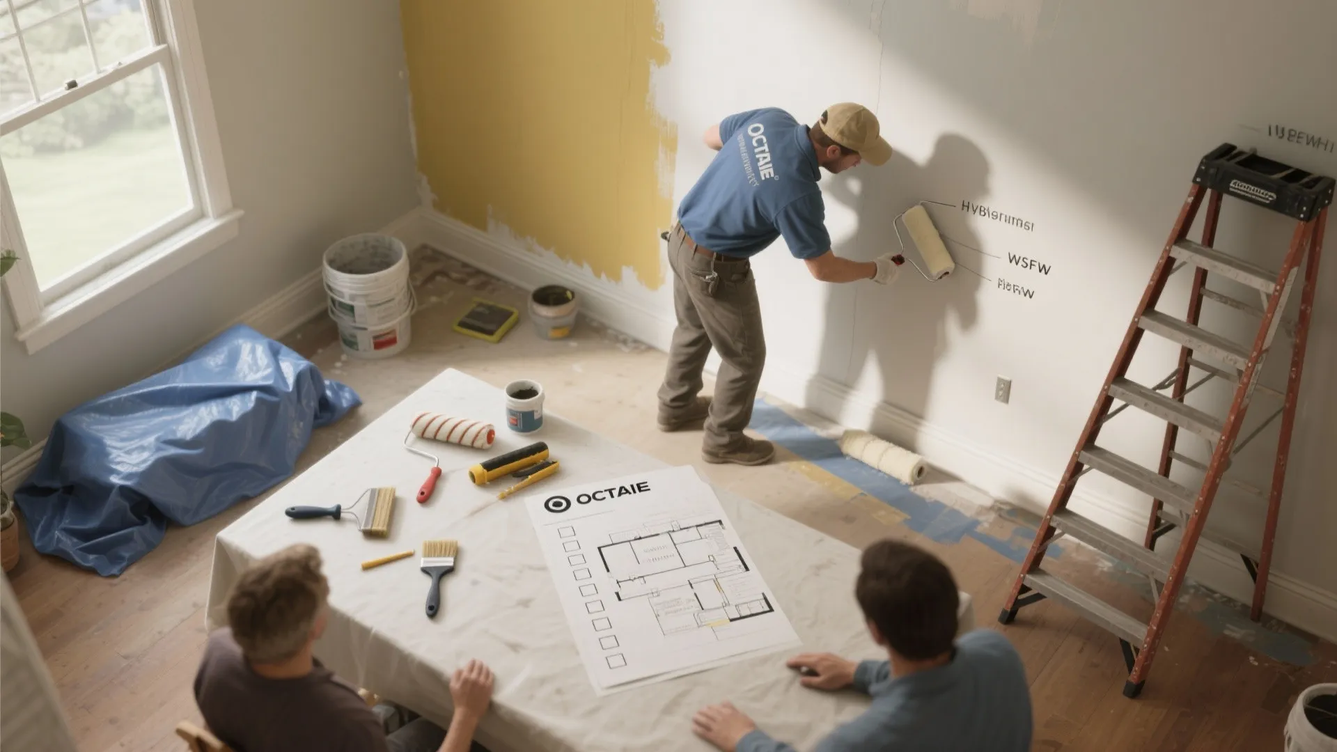 Professional painter using roller on wall while two people review a room layout floor plan