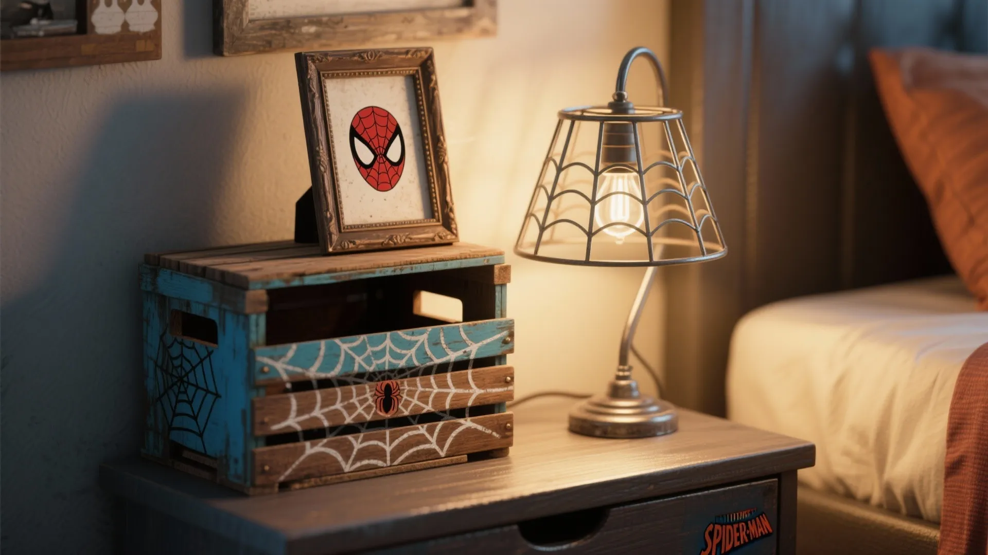 Bedside table with superhero themed wooden crate, small picture frame, and metal wire desk lamp