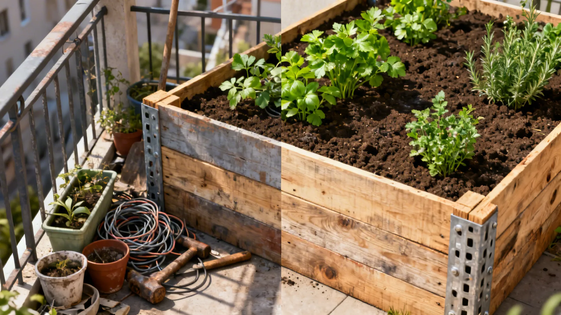 Split before-and-after image showing a cluttered balcony corner transformed into a raised bed made from reclaimed scaffold boards.