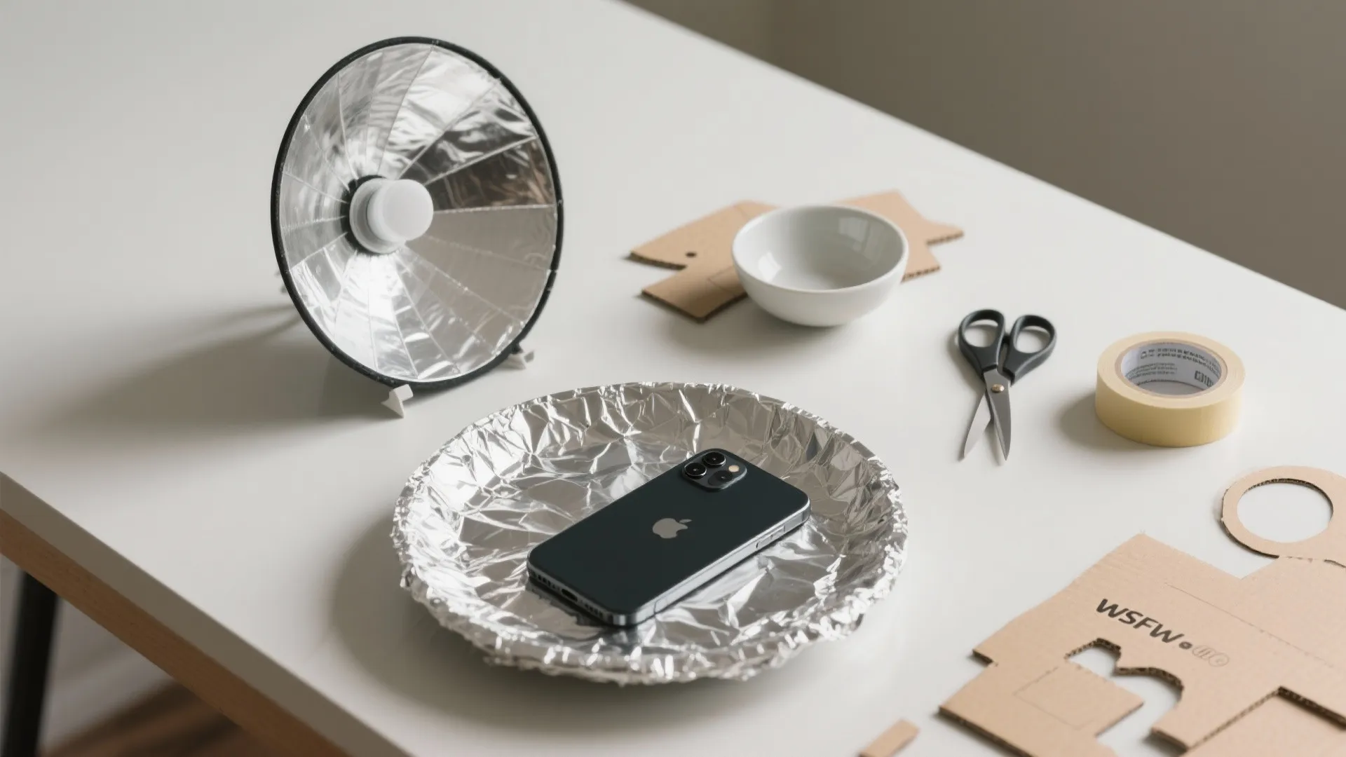 Homemade light reflector setup using aluminum foil with a phone scissors and tape on table
